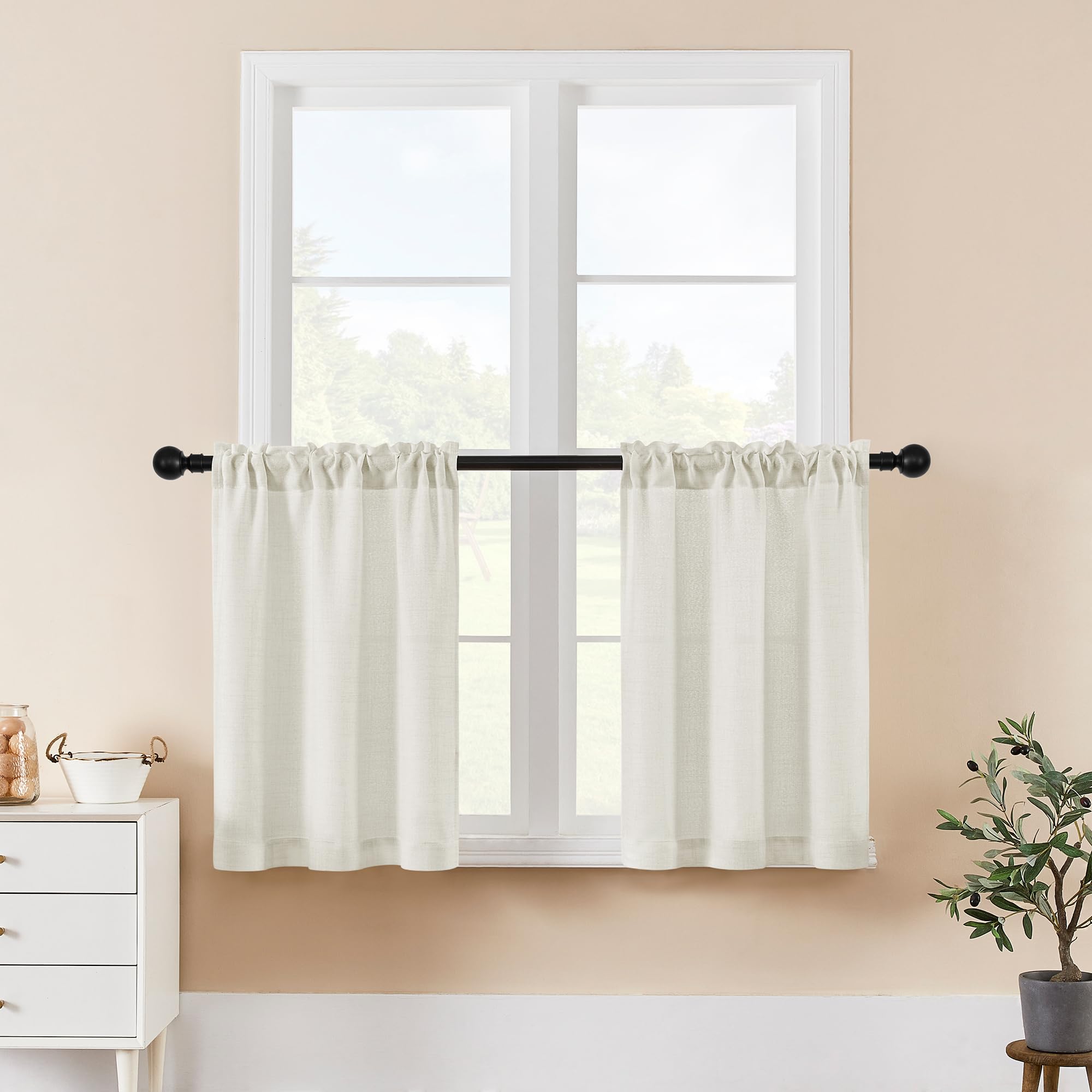 Dukiyo Linen Cream Curtains 30 Inches Long For Kitchen Office Rv Basement Farmhouse Dual Rod Pocket Semi Sheer Drapes Privacy Li