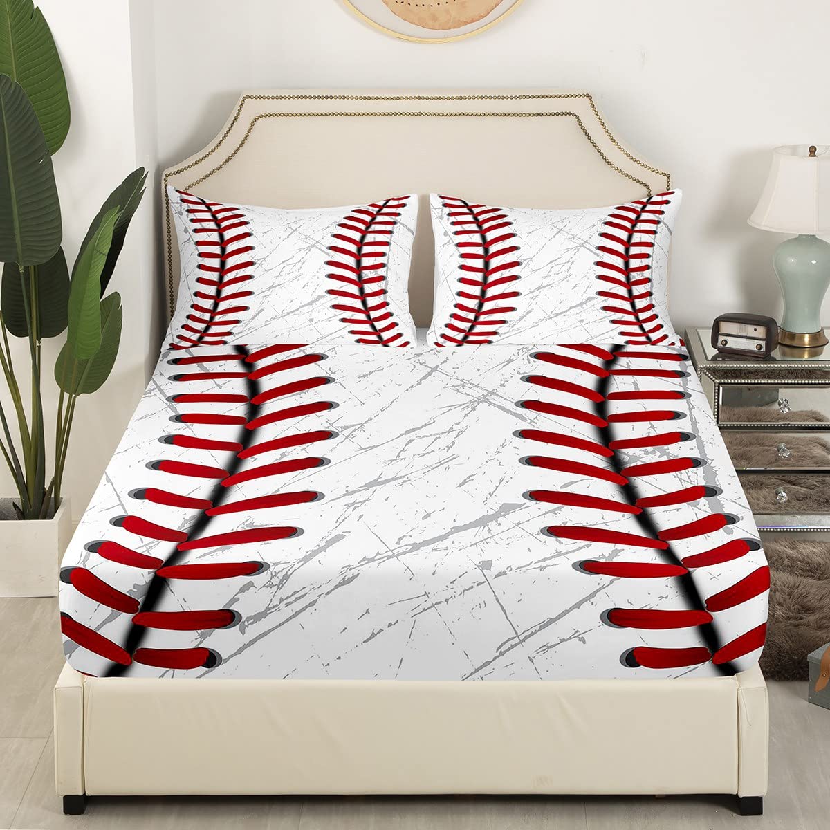 Erosebridal Baseball Bed Sheets For Boys,Red White Baseball Sheet Set For Kids,Grunge Ball Print Bedding Set,Sports Game Fitted