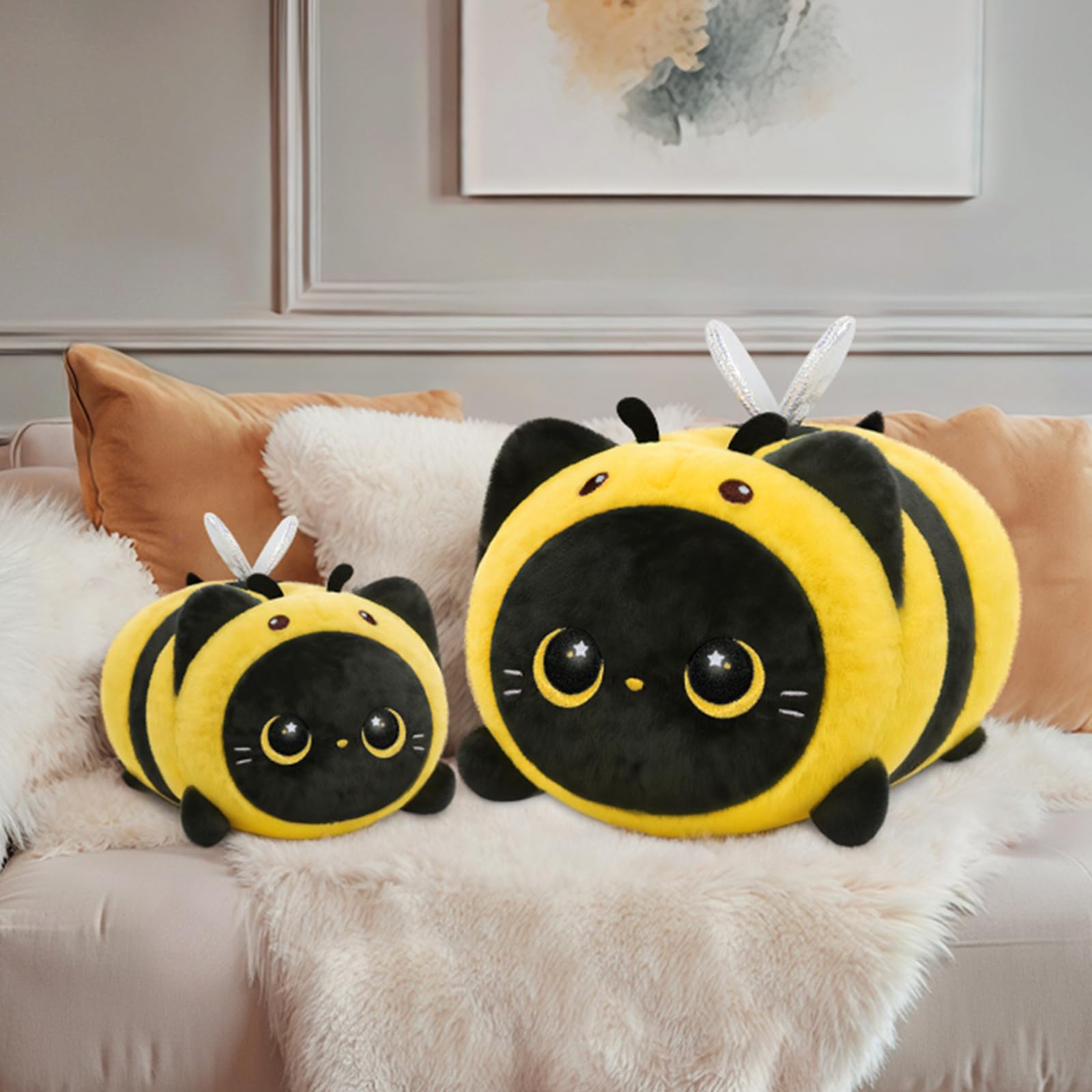Mewaii Cute Black Cat Bee Plush Pillow, Kawaii Plushies Bee Stuffed Toy, Kitten Plushies With Honeybee Outfit Costume, Soft Squi