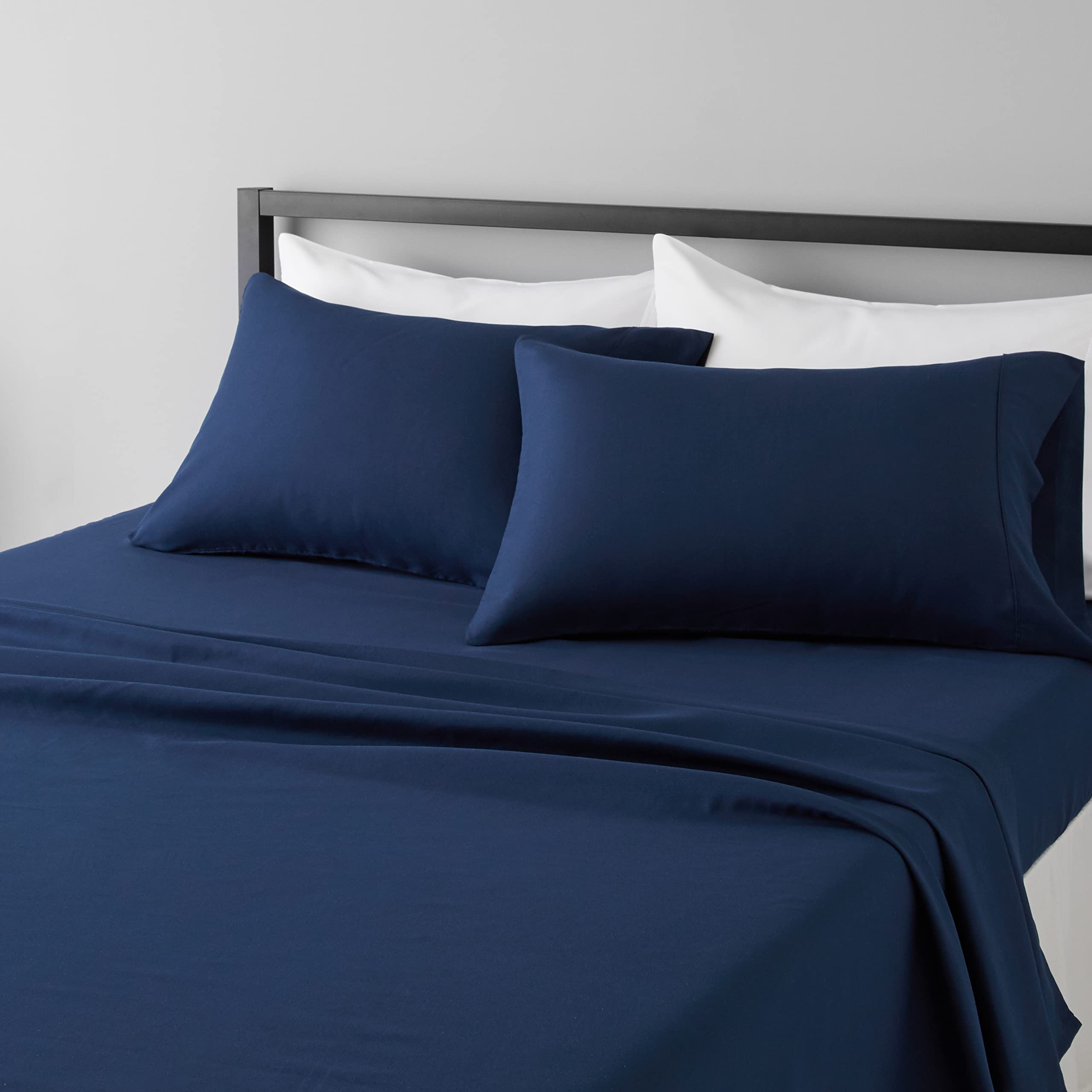 Amazon Basics Lightweight Super Soft Easy Care Microfiber 4-Piece Bed Sheet Set with 14-Inch Deep Pockets, Full, Navy Blue, Soli