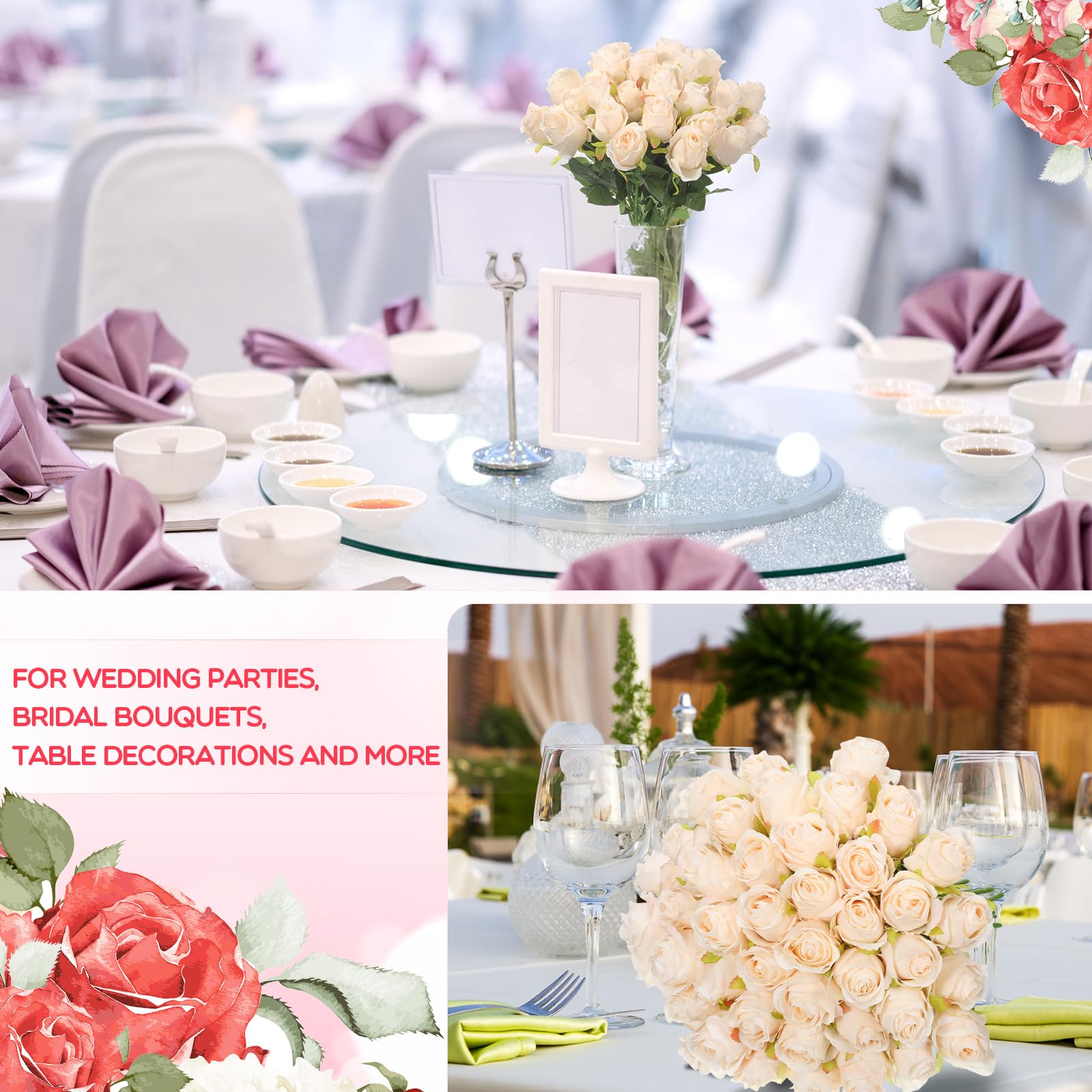 Jexine 50 Pcs Artificial Rose Flower Realistic Silk Roses With Stem Bouquet Of Flower Plastic Flower Real Looking Fake Rose For