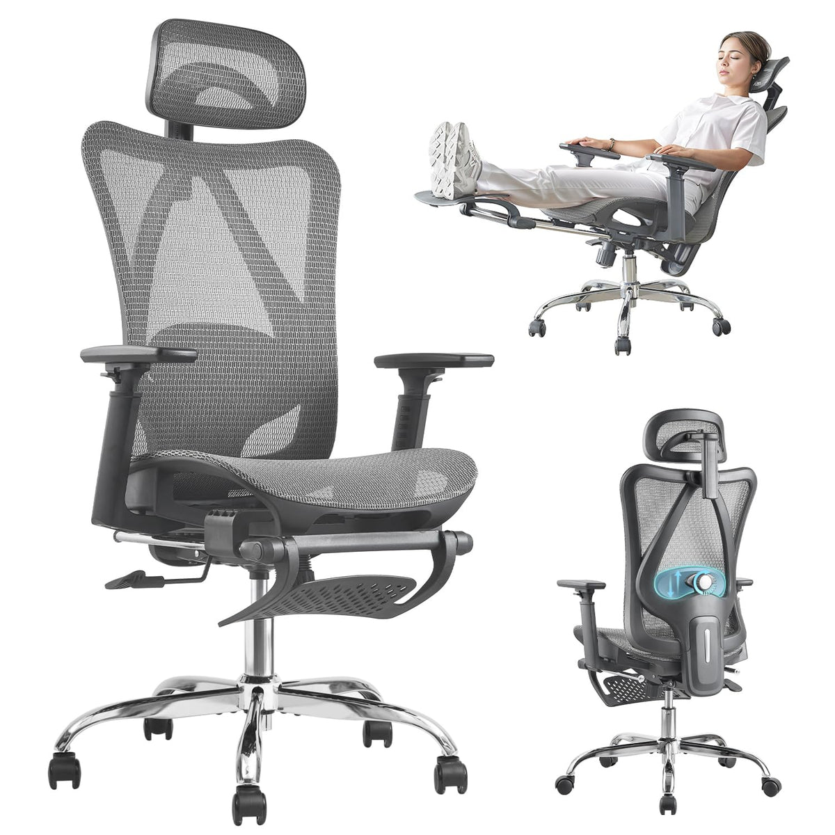 Dflive Ergonomic Office Chair, Sgs Certified Class 4 Gas Cylinder, 400 Lbs Capacity, Retractable Footrest, Adjustable Lumbar Support, Breathable Mesh(Grey)