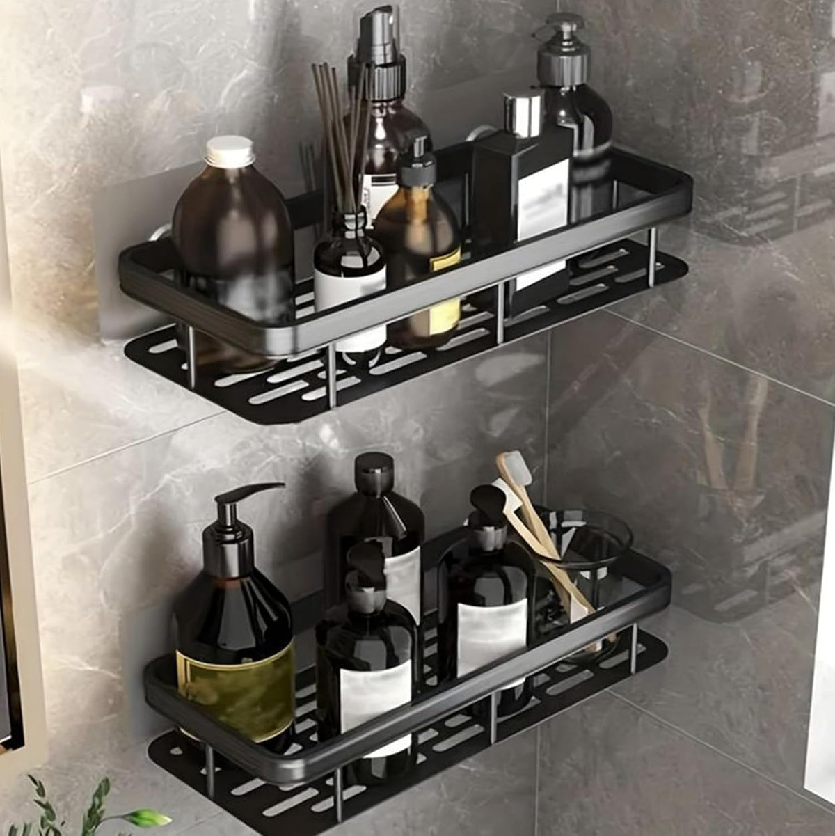 JALCON Black Bathroom Shelf Set | Self Adhesive Shower Storage Rack | No Drill Wall Mounted Organizer for Shampoo & Toiletries (
