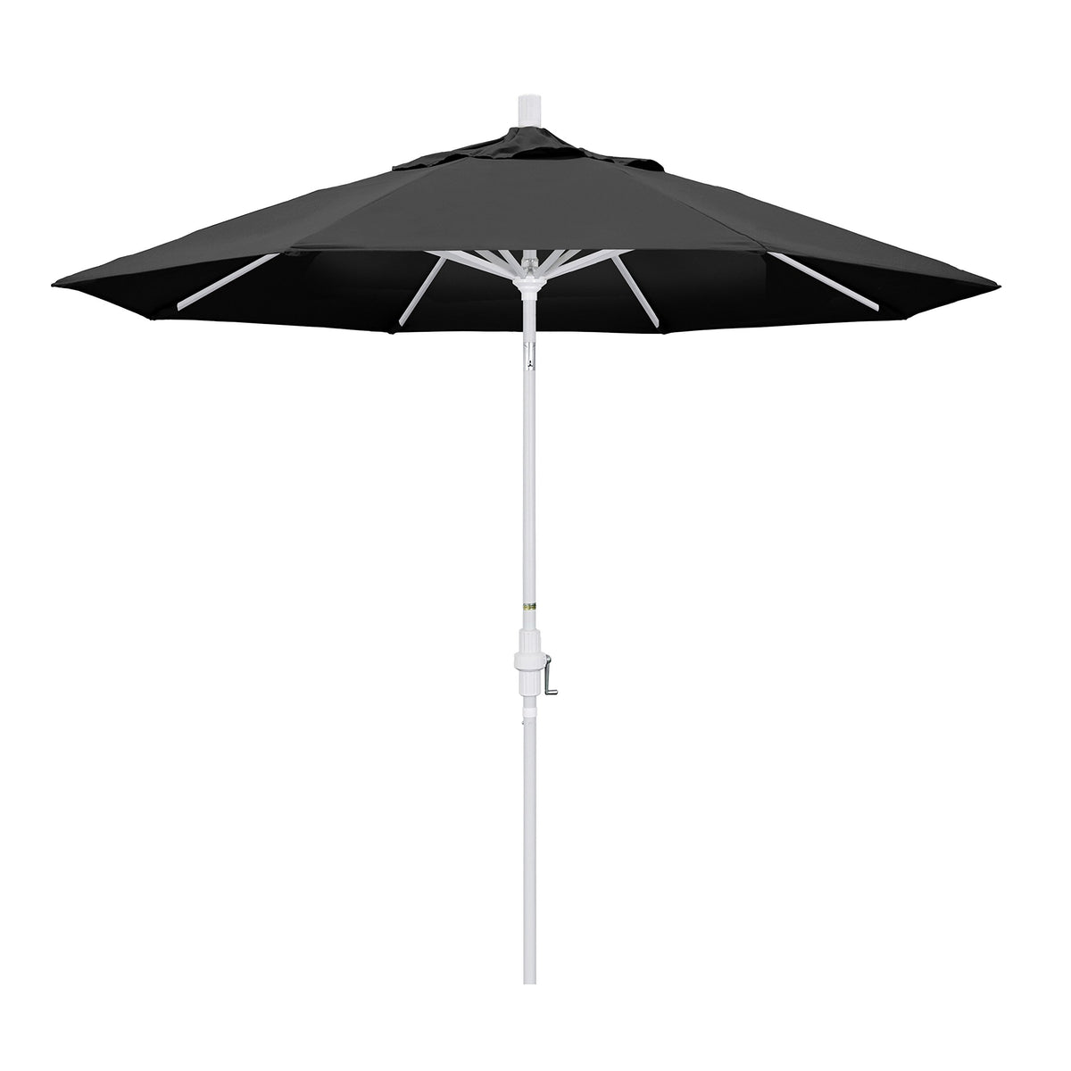 California Umbrella 9' Round Aluminum Market Umbrella, Crank Lift, Collar Tilt, White Pole, Black Olefin