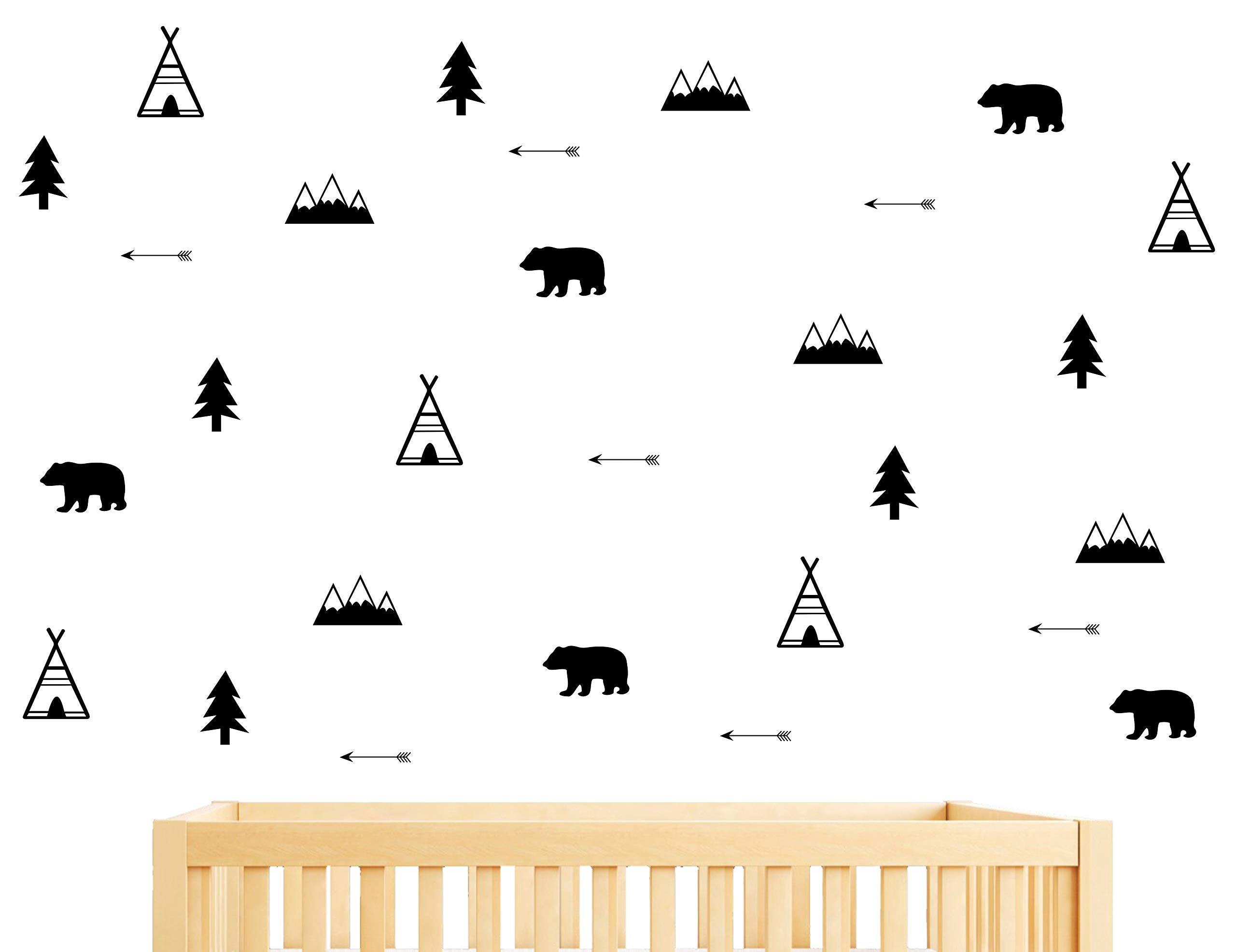 Woodland Wall Decal, Bears, Arrow, Teepees, Trees and Mountains Decor, Matte Vinyl Wall Stickers for Baby Bedroom, Nursery Wall 