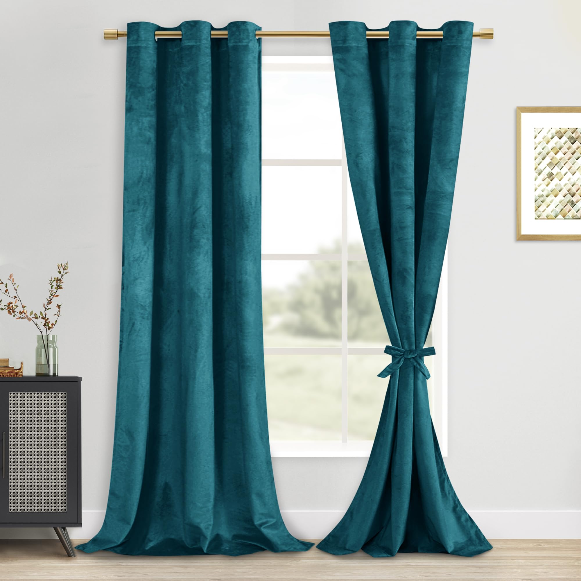 DWCN Teal Velvet Blackout Curtains - 96 Inches Long Tieable Window Curtains Panels Grommet Design Thick Fabric Thermal Insulated