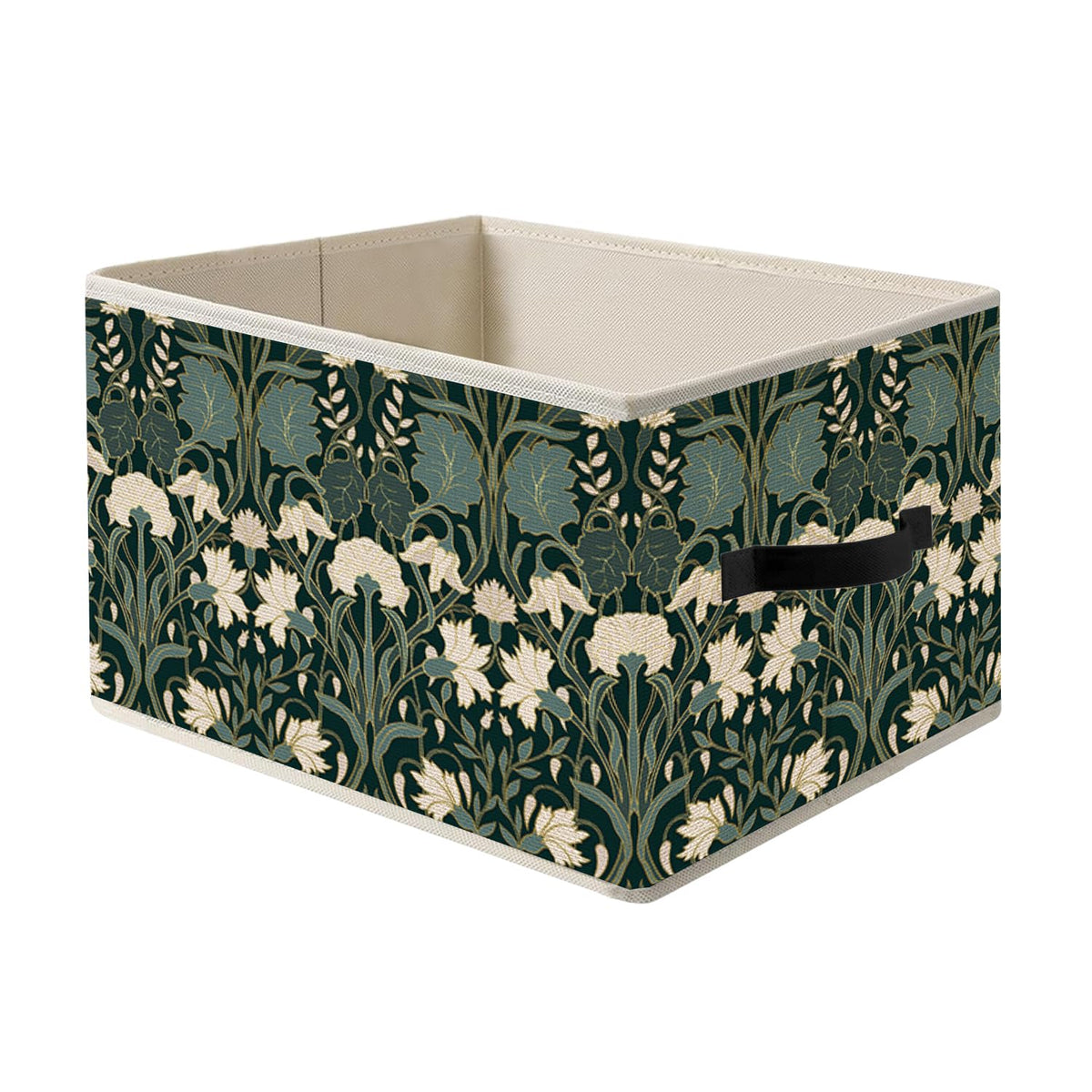 FITIE Vintage Art Deco Dark Green Floral Storage Bin Box with Handles, William Morris Inspired Flower Foldable Organizer Basket 