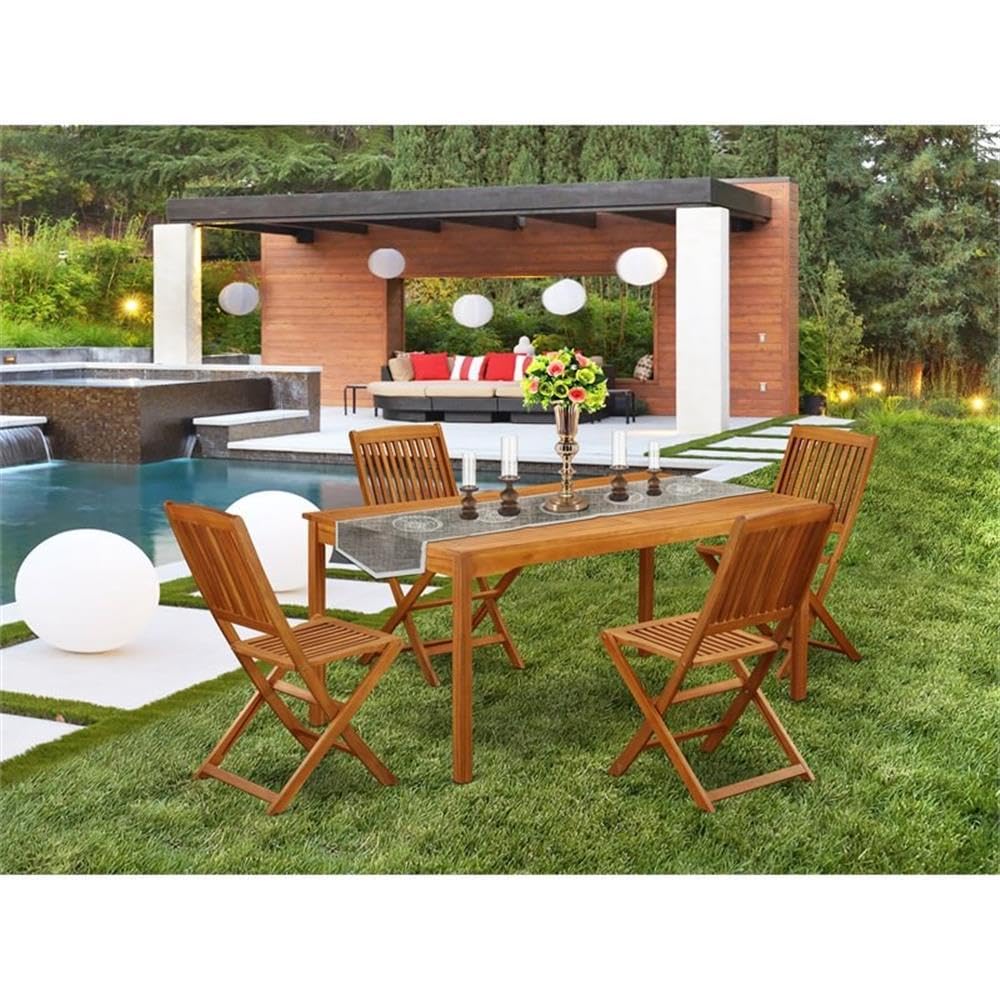 East West Furniture Cmcm5Cwna 5 Piece Outdoor Patio Dining Sets Includes A Rectangle Acacia Wood Table And 4 Folding Side Chairs, 36X66 Inch, Natural Oil