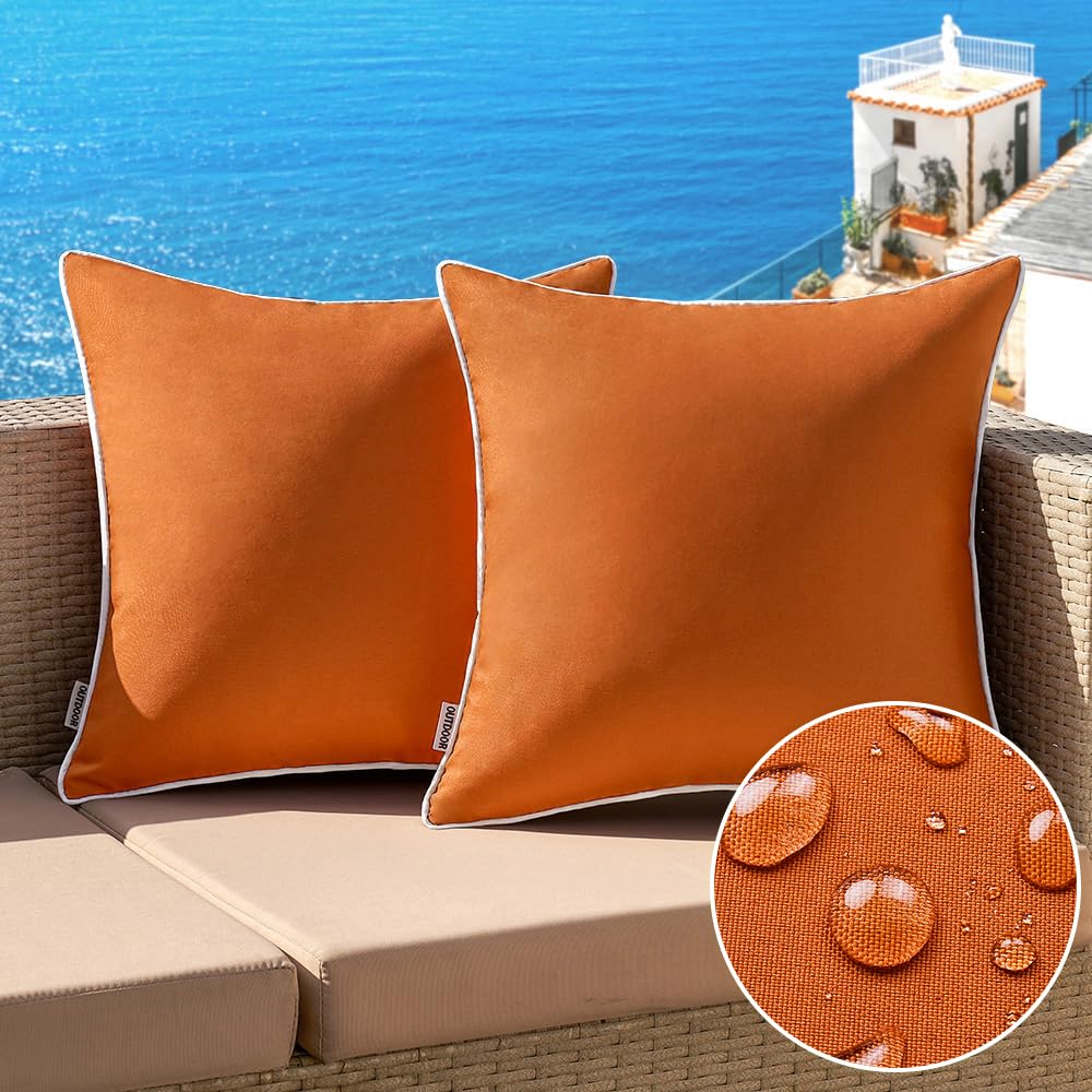 Miulee Pack Of 2 Outdoor Waterproof Pillow Covers Decorative Farmhouse Throw Pillow Covers Square Solid Color Couch Pillow Covers For Patio Tent Bed Sofa Living Room 18X18 Inch Orange