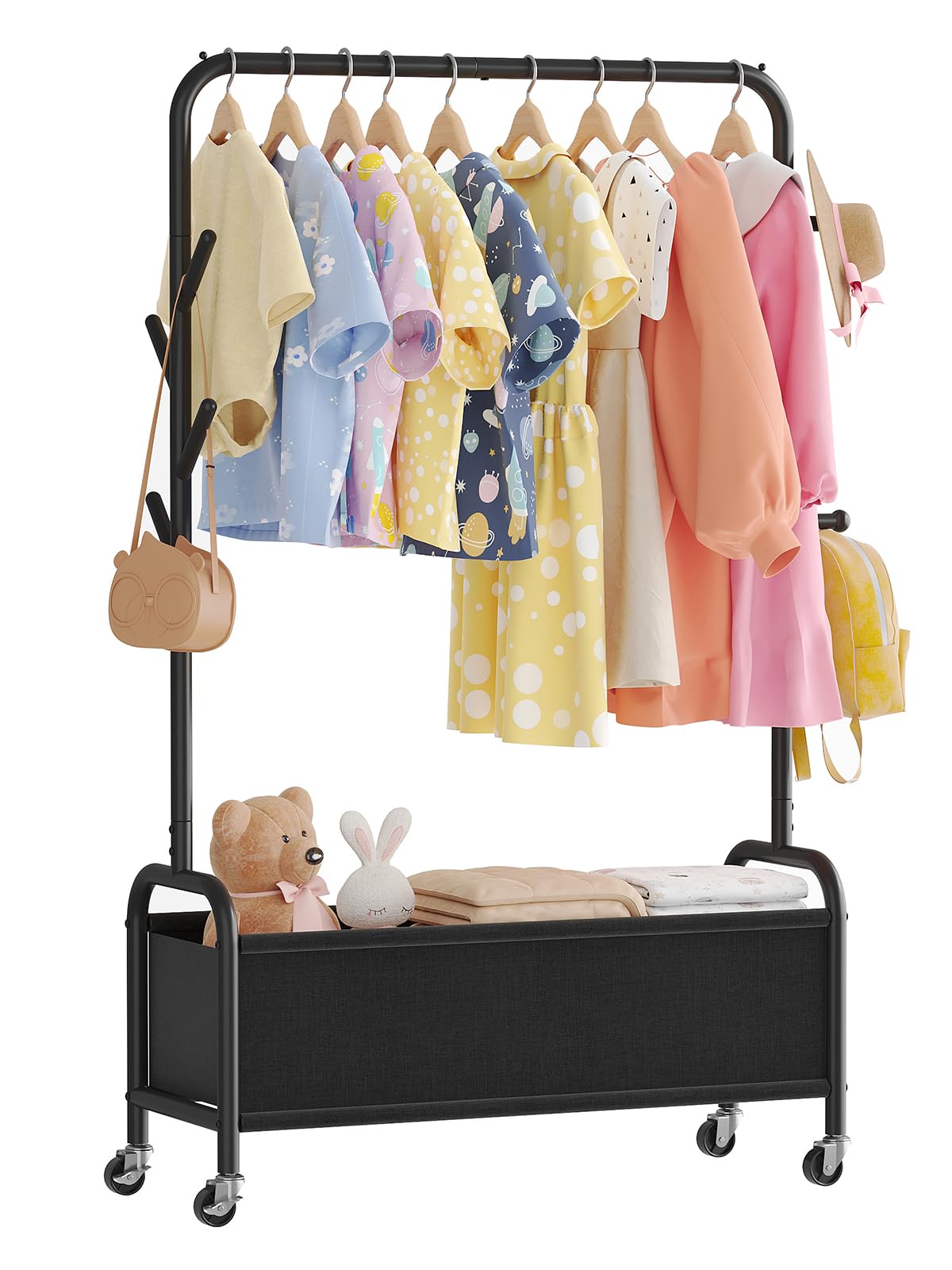 Vriccc Kids Clothing Rack with Storage Box, Kids Dress Up Storage for Coats, Small Garment Rack for Hanging Clothes, Black Dress