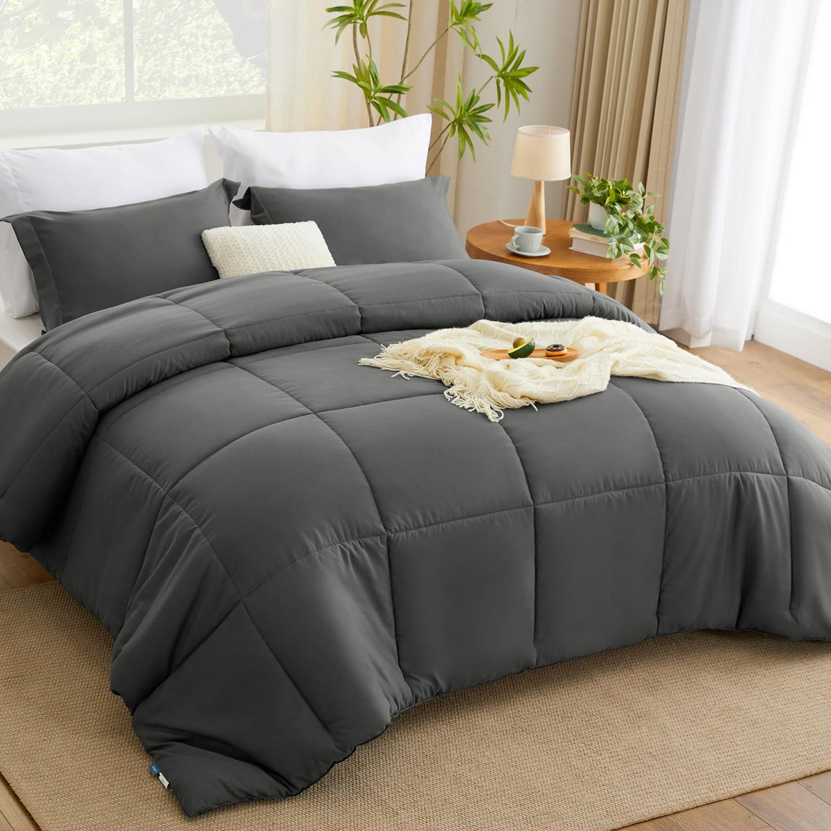 Cozylux Queen Comforter Set - Dark Grey Comforter Queen Size, 3 Pieces Box Stitched Bed Set For All Seasons, Soft Lightweight Bedding Sets With 1 Down Alternative Comforter And 2 Pillow Shams