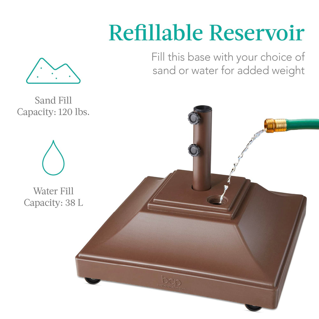 Best Choice Products Fillable Mobile Umbrella Base, Heavy Duty Base, Square Tiered Market Stand For Patio, Deck, Outdoor W/ 4 Wheels, 2 Locks, 2 Knobs, 120Lb Capacity - Brown