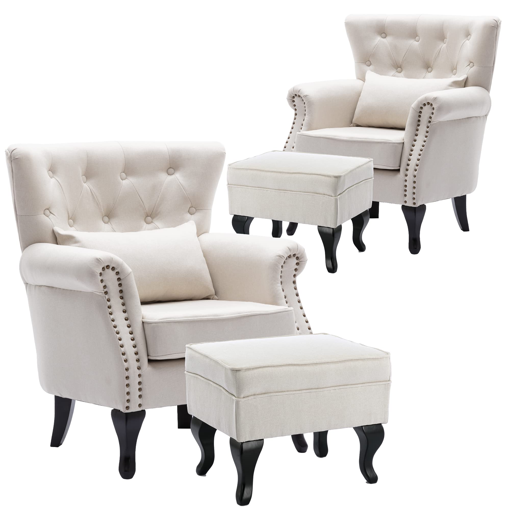 Chairus Mid-Century Modern Accent Chairs With Ottoman Set Of 2, Comfy Linen Single Sofa Chair Button Tufted Wingback Armchairs W