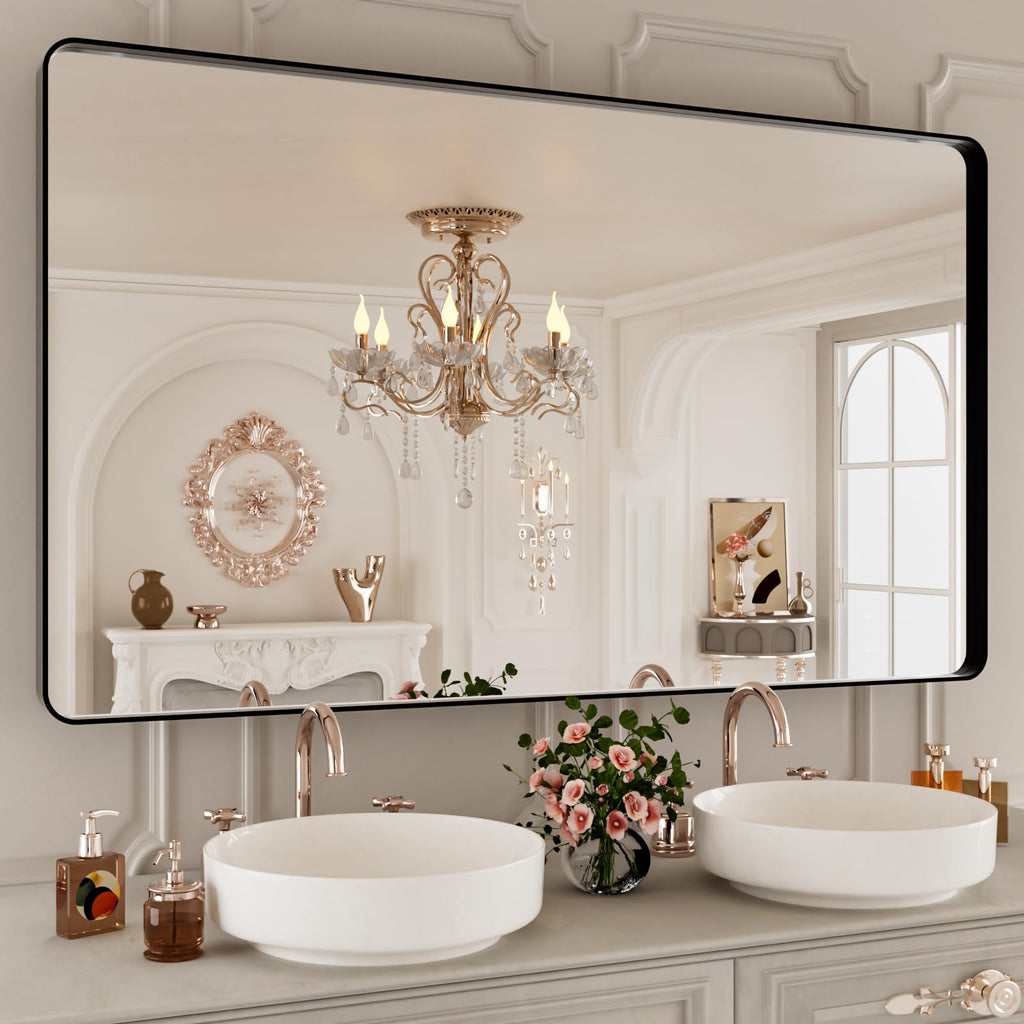 ISTRIPMF Bathroom Mirror Black,50x30 Inch Large Matte Black Bathroom Vanity Mirror,Rectangle Black Metal Framed Mirror for Wall,