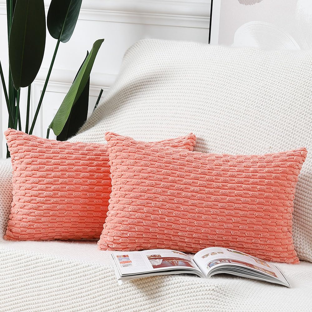 Madizz Pack Of 2 Boho Corduroy Striped Throw Pillow Covers 12X20 Inch Coral Soft Decorative Cushion Cover For Bedroom Sofa Pillo