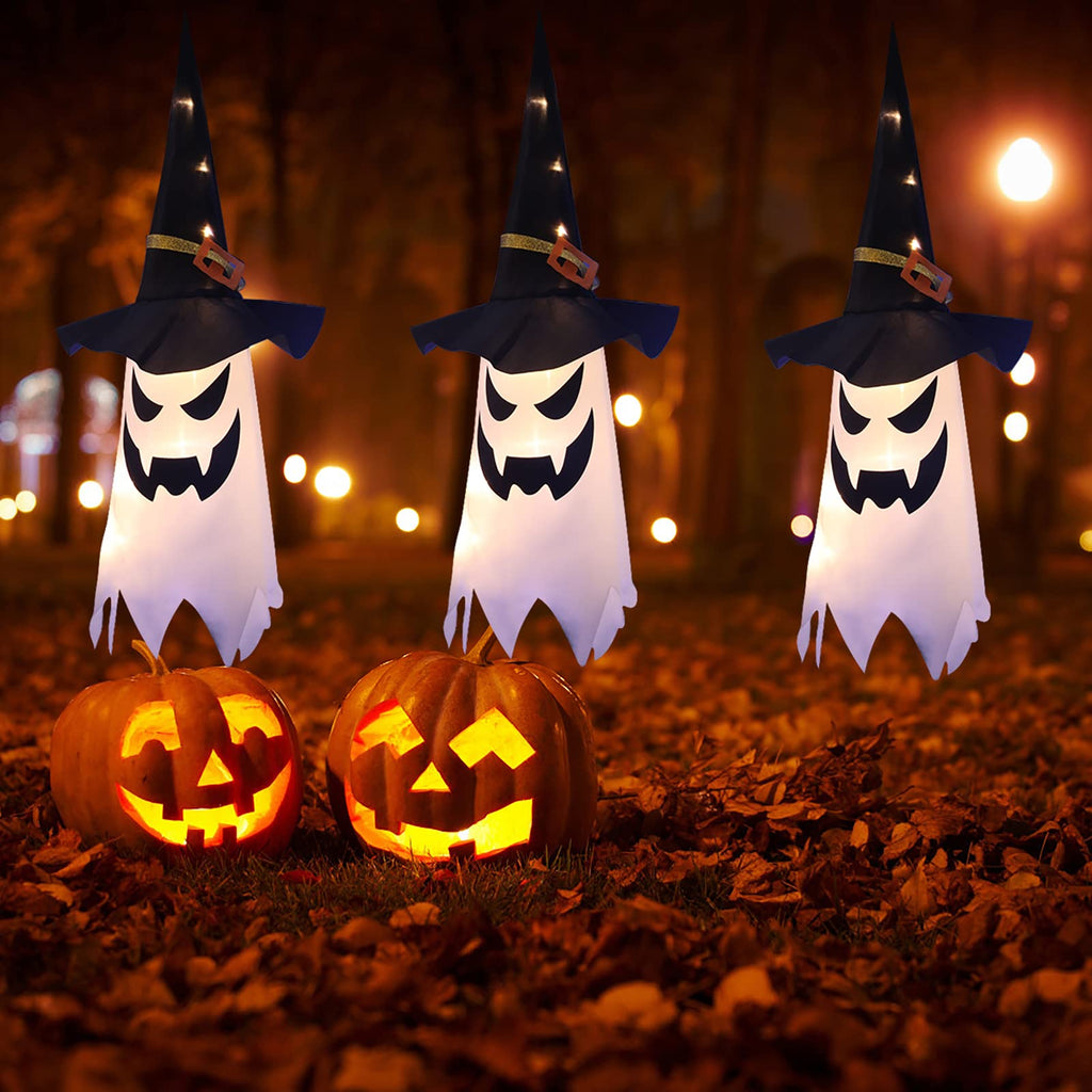 Halloween Decorations Outdoor Decor Hanging Lighted Glowing Ghost Witch Hat Halloween Decorations Indoor Outside Ornaments Clear