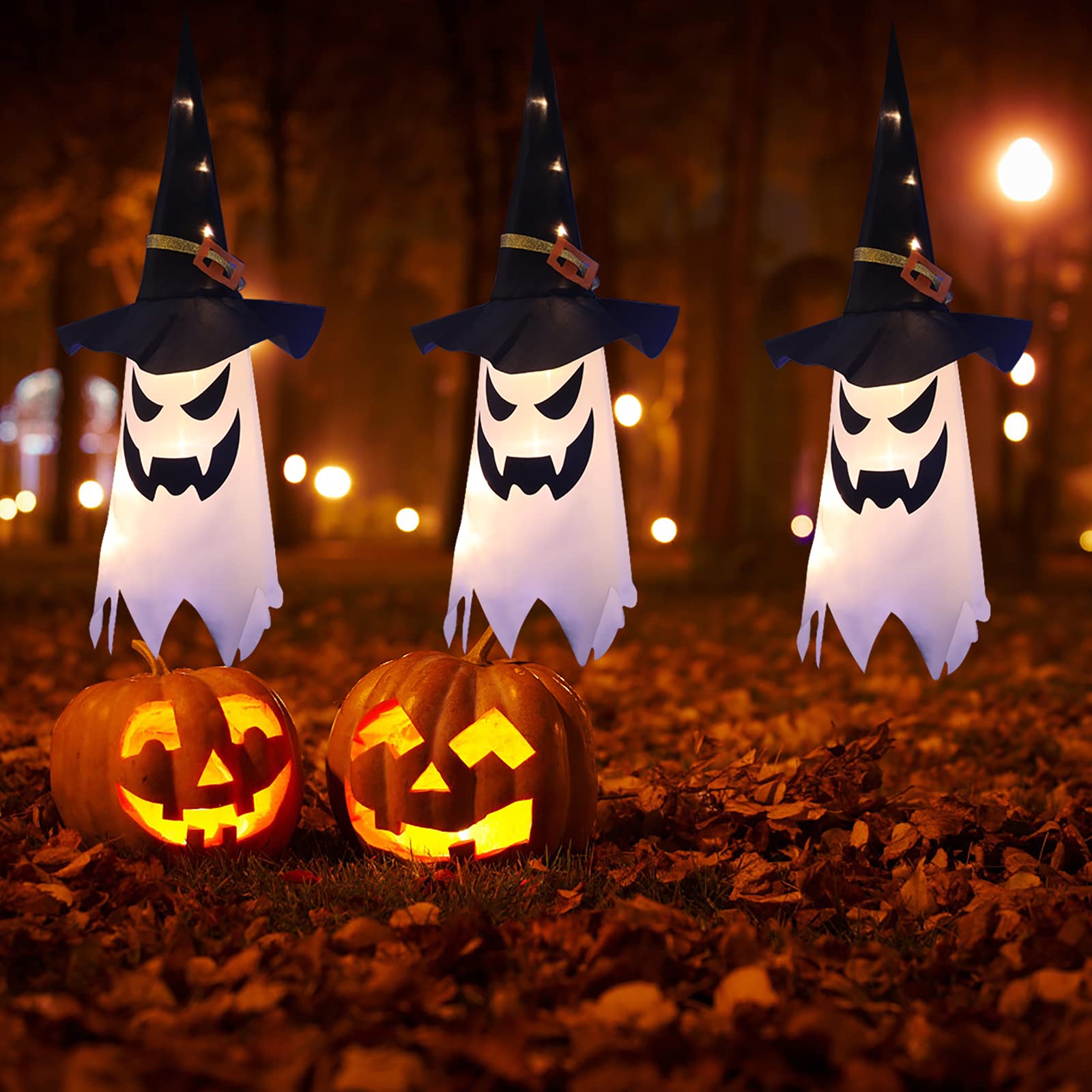 Halloween Decorations Outdoor Decor Hanging Lighted Glowing Ghost Witch Hat Halloween Decorations Indoor Outside Ornaments Clear