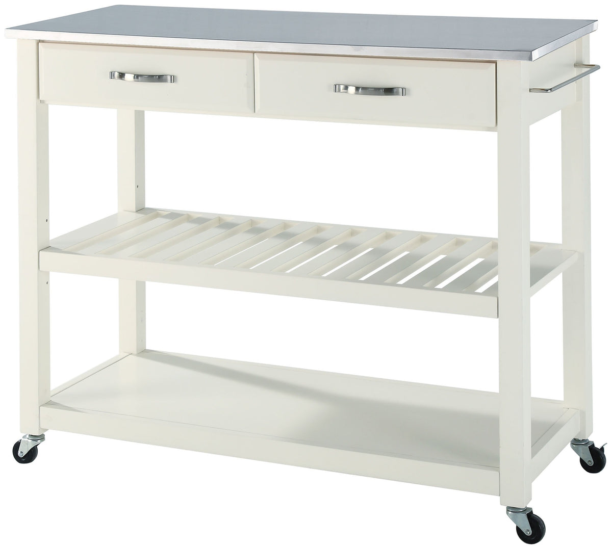 Crosley Furniture Stainless Steel Top Kitchen Prep Rolling Cart, Microwave Stand, Coffee Bar, with Shelves, White