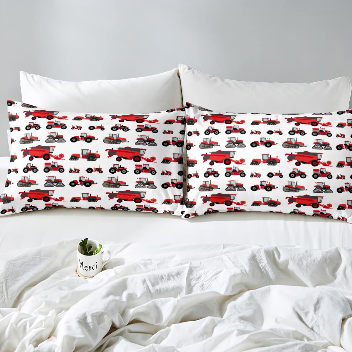 Erosebridal Red Tractor Comforter Set Twin Size Heavy Equipment Truck Down Comforter Kids Boys Girls Teens Harvester Tractor Bed