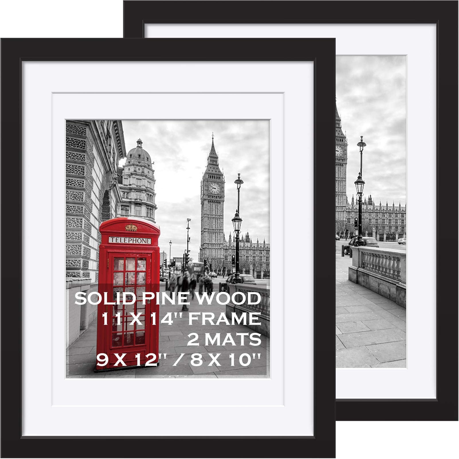 11x14 Picture Frames Black Solid Wood - Matted to Display Pictures 9x12 or 8x10 or 11x14 Frame without Mat - Wooden Photo Frame 