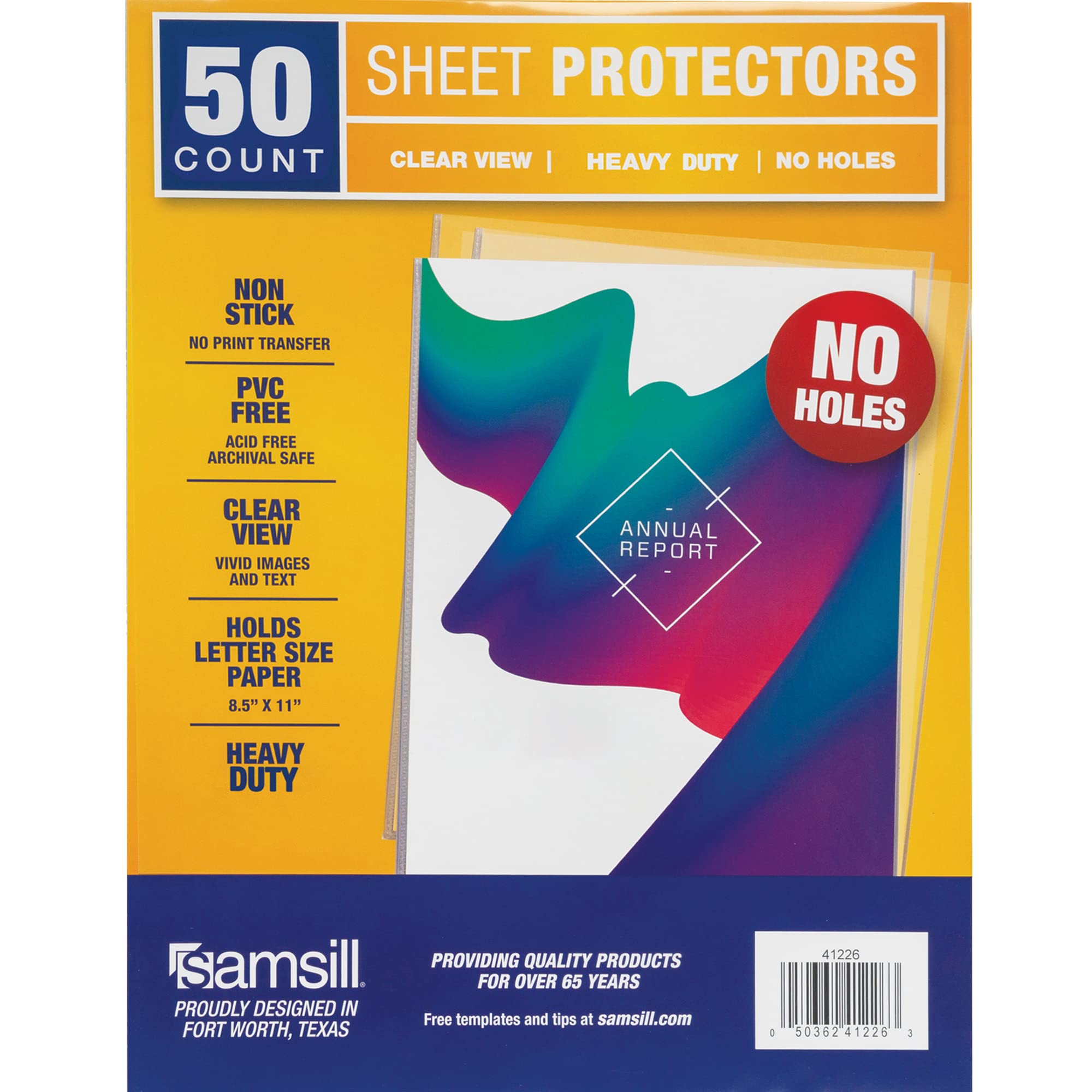 Samsill No Holes Sheet Protectors, 50 Pack, 8.5 X 11 Inch Page Protectors For 3 Ring Binder, Heavy Duty, No Hole Protector Lette
