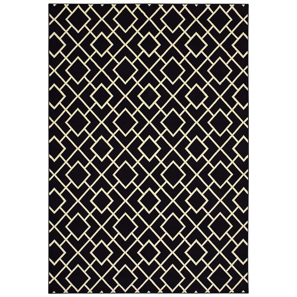 HomeRoots Polypropylene 6' x 9' Black Ivory Machine Woven Geometric Diamonds Indoor Area Rug