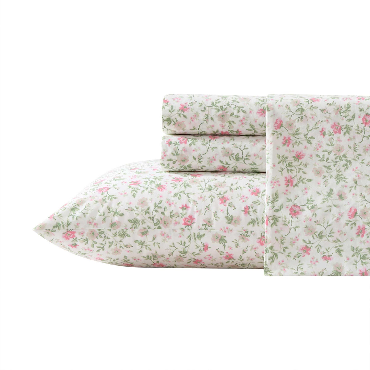 Laura Ashley - Twin Sheet Set, Super Soft Cotton Percale Bedding Set With Matching Sham, Oeko-Tex Certified (Bonnie Pink, Twin)