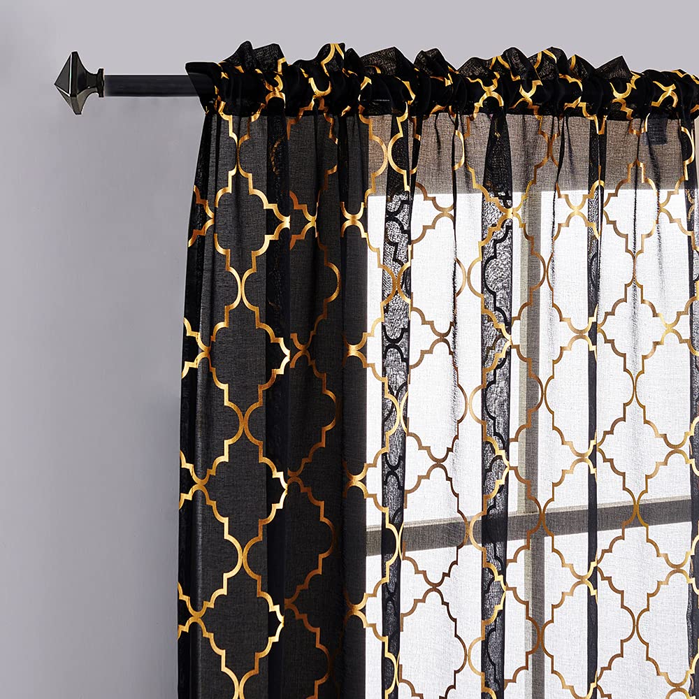Yj Yanjun Sheer Black Curtains 108 Inches Long -Gold And Black Curtains With Quaterfoil Pattern Print Window Curtains 2 Panels,5