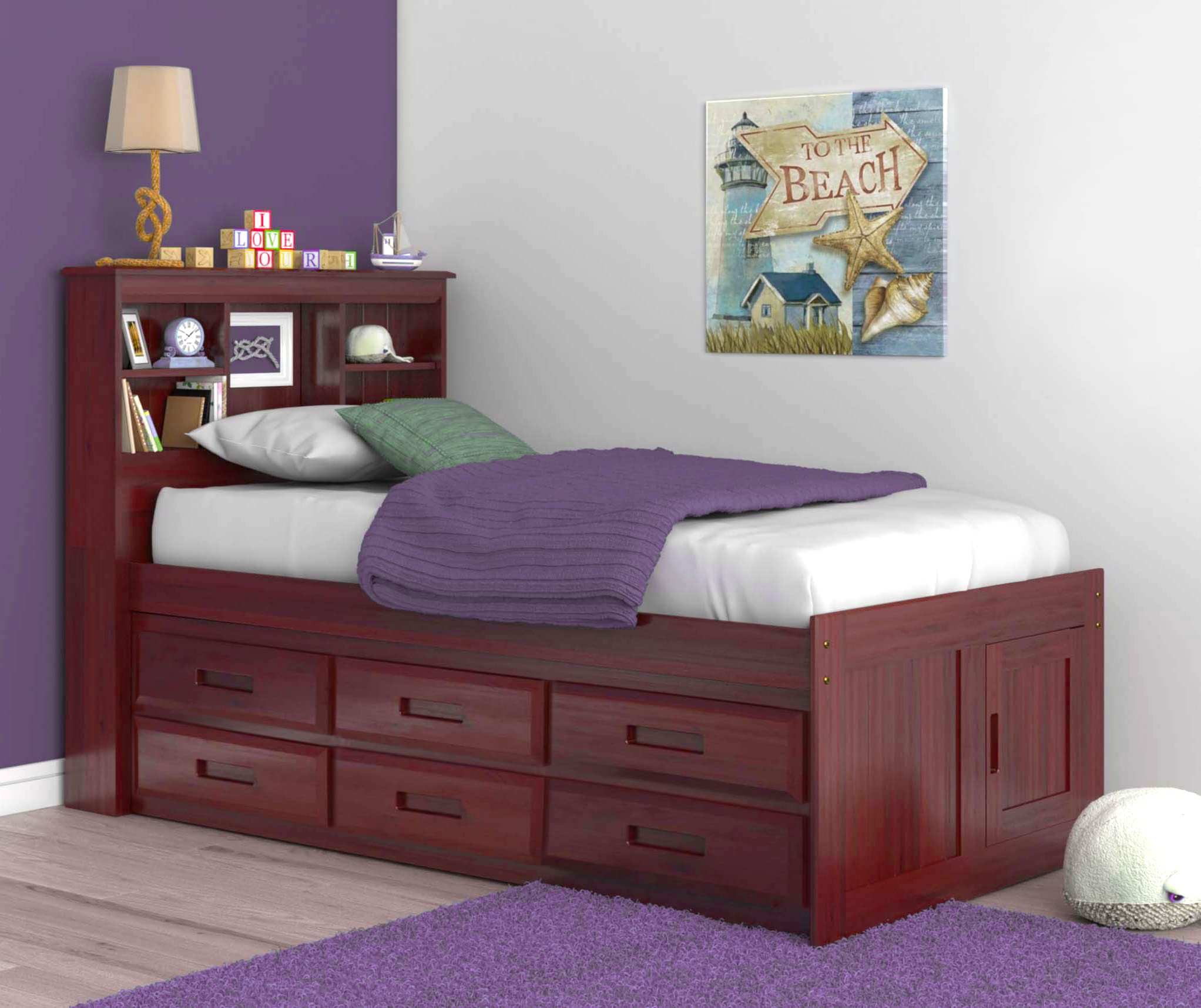 OS Home and Office Furniture Model 82820K12-22 Solid Pine Twin Captains Bookcase Bed with Two Six Drawer Pedestals in Rich Merlot