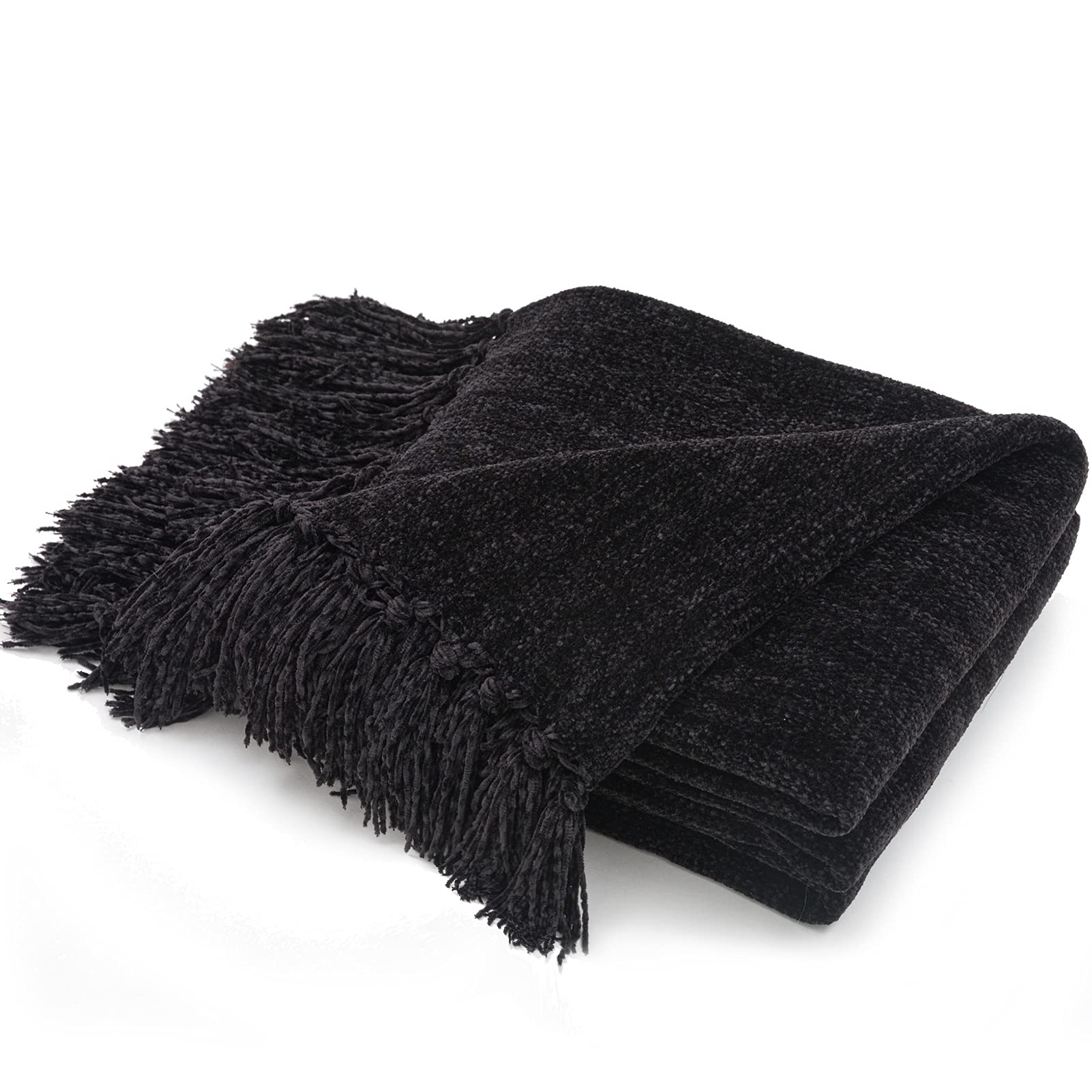 Recyco Throw Blanket Soft Cozy Chenille Throw Blanket With Fringe Tassel For Couch Sofa Chair Bed Living Room Gift (Black, 50'