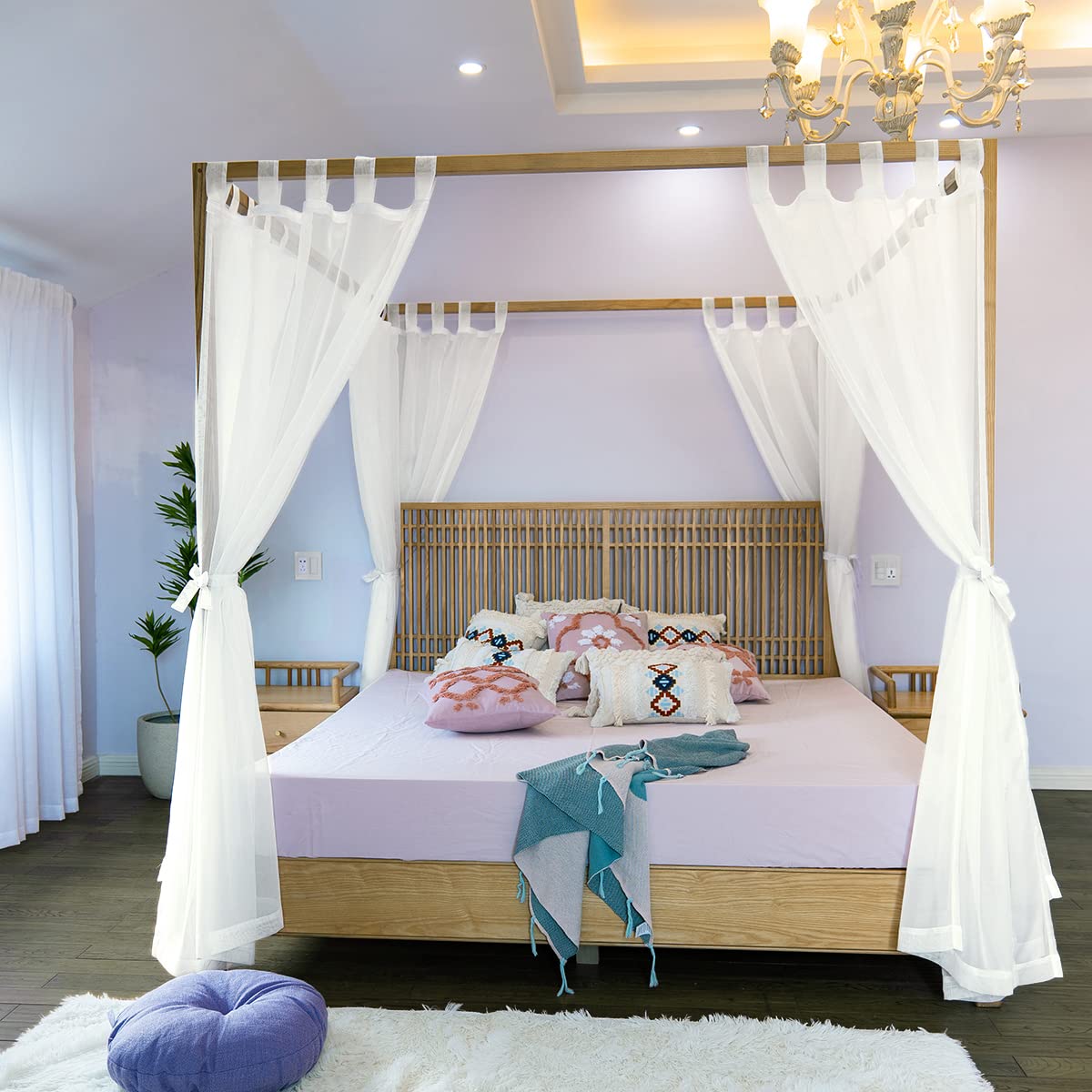 Linentalks Sheer Canopy Bed Curtains For King, Queen, Full And Twin Bed, 4 Corner Bed Canopies & Drapes, Four Poster Bed Canopy