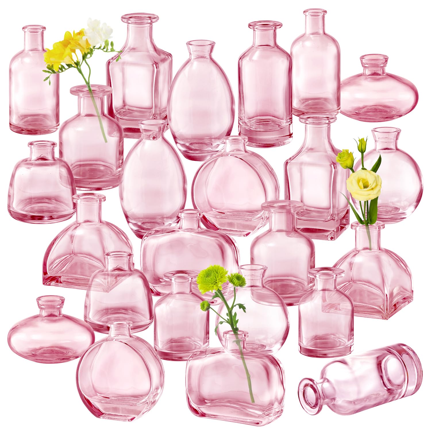 Pink Bud Vase Set of 24 - Small Glass Vases for Flowers, Bulk Mini Vases for Rustic Wedding Decor, Glass Vases for Centerpieces,