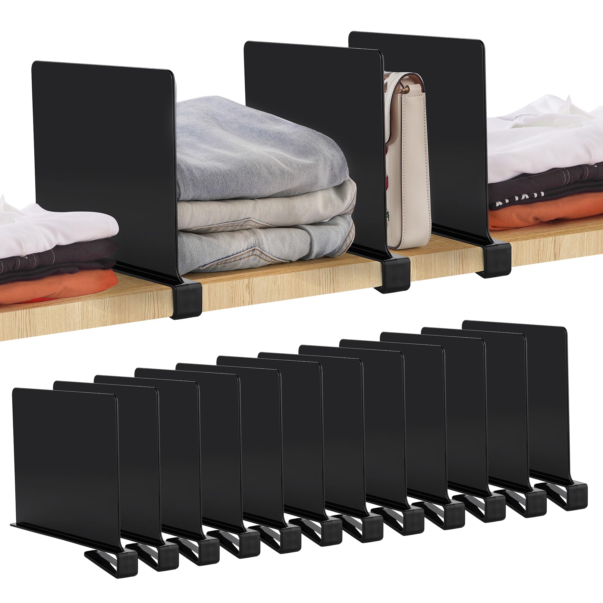 JOY DECOR 12 Pack Acrylic Matte Black Shelf Dividers for Closets Organization and Storage Adjustable Vertical Wood Shelf Closet 