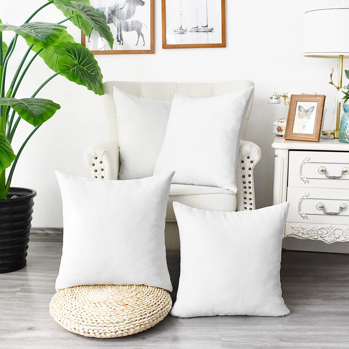 Calitime Pack Of 4 Cozy Throw Pillow Covers Cases For Couch Sofa Home Decoration Solid Dyed Soft Chenille 18 X 18 Inches True Wh