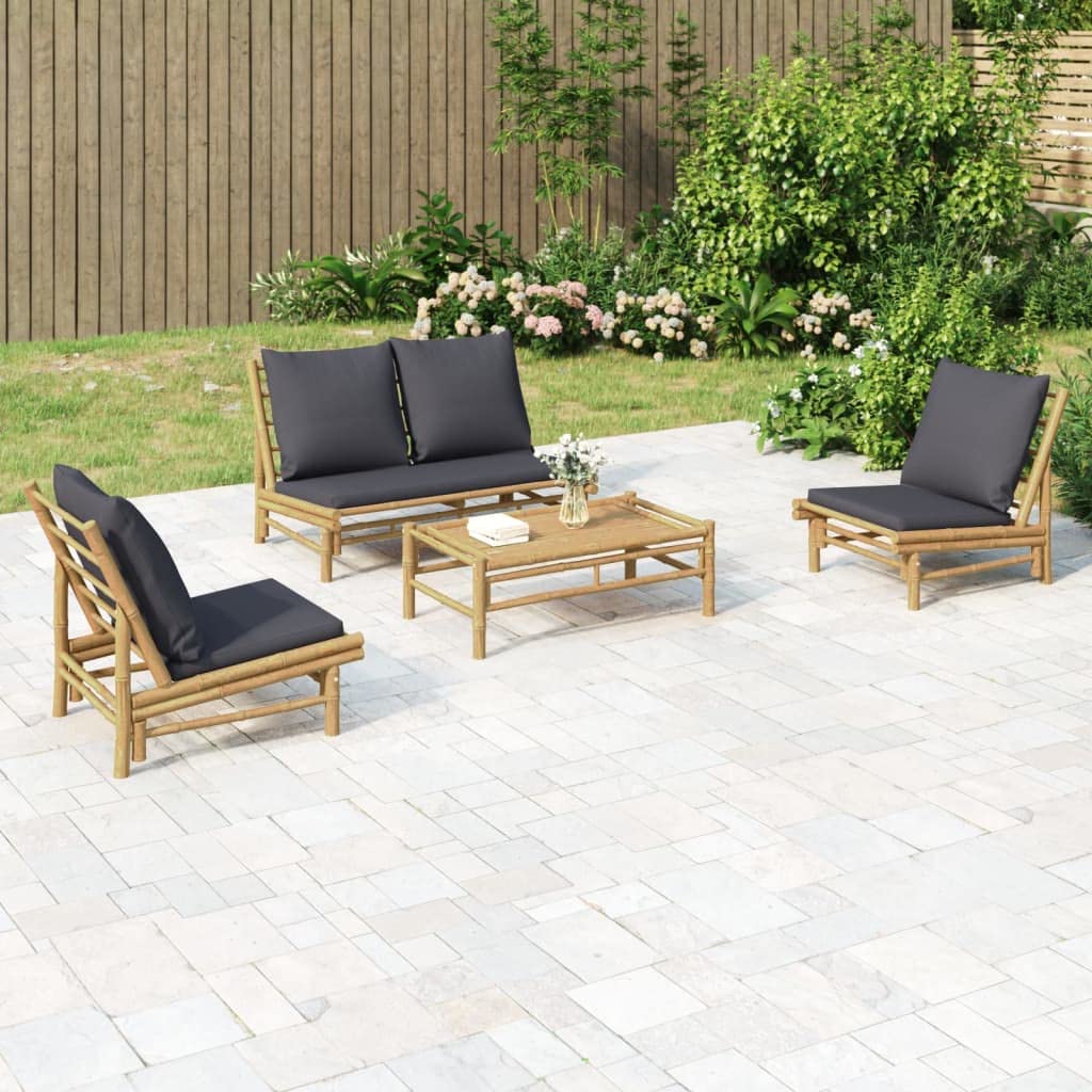 vidaXL 4 Piece Patio Lounge Set with Dark Gray Cushions - Made of Natural Bamboo, Includes Coffee Table and Bench, Modular Design for Custom Configurations, Comfortable Seating