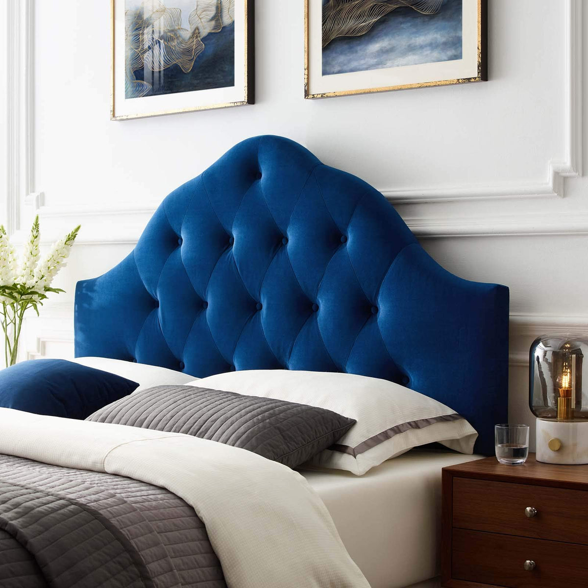 Modway Sovereign Queen Diamond Tufted Performance Velvet Headboard, Navy