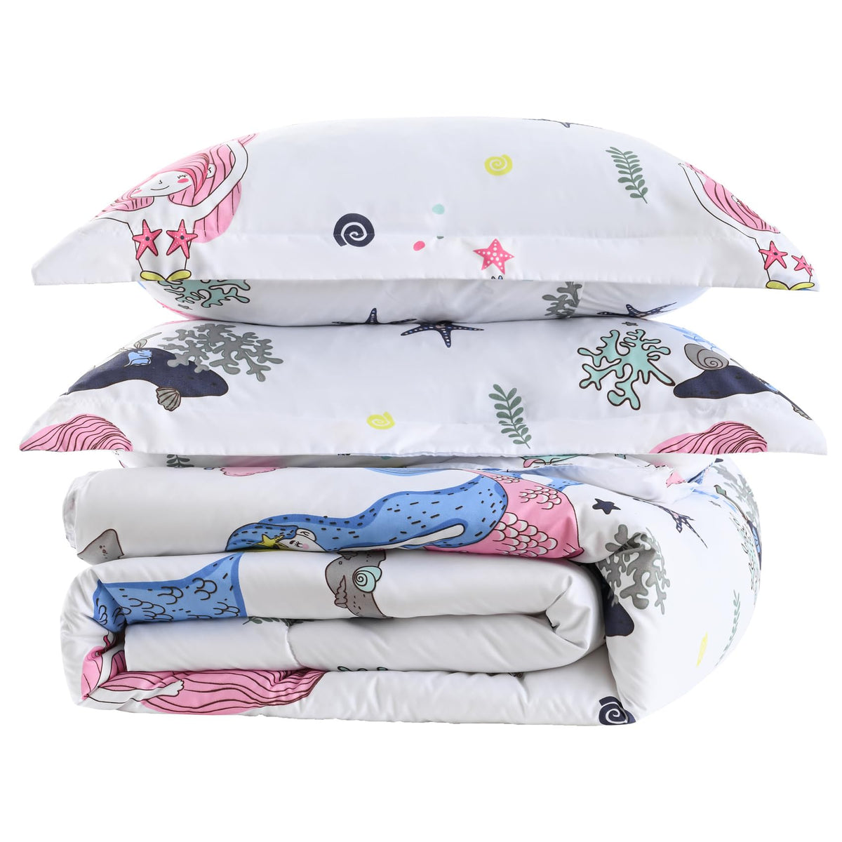 Yibeizi Mermaid Comforter Set For Girls Full Size, Kids Cute Ocean Patterned Bedding Set With Pillow Sham, Lightweight Soft Brea