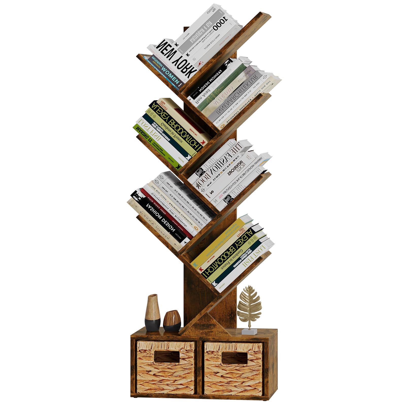 Vagusicc Tree Bookshelf, 6 Tier Bookshelf with Storage, Tall Narrow Bookcase, Rustic Wood Book Storage Rack for CDs/Books, Small