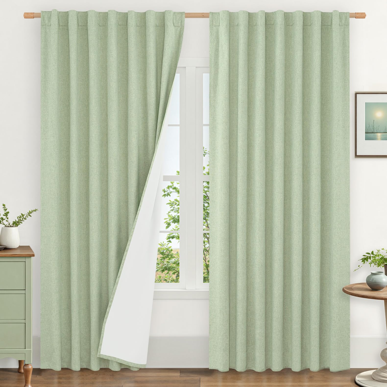 LAMIT 100% Blackout Linen Curtains 84 Inches Long, Living Room Farmhouse Drapes Full Room Darkening Back Tab and Rod Pocket Pane