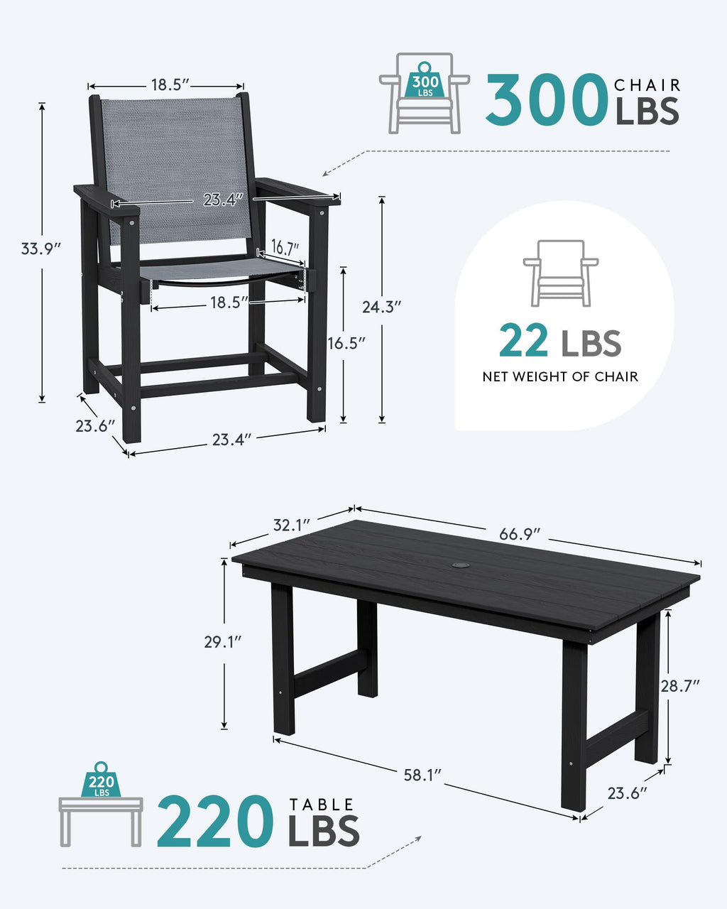 Serwall 5 Piece Outdoor Dining Table Sets For 4 With 1 Umbrella Hole Cut-Out Rectangular Table And 4 Textilene Chairs, Hdpe Dining Table Sets For Garden, Backyard, Poolside, Black