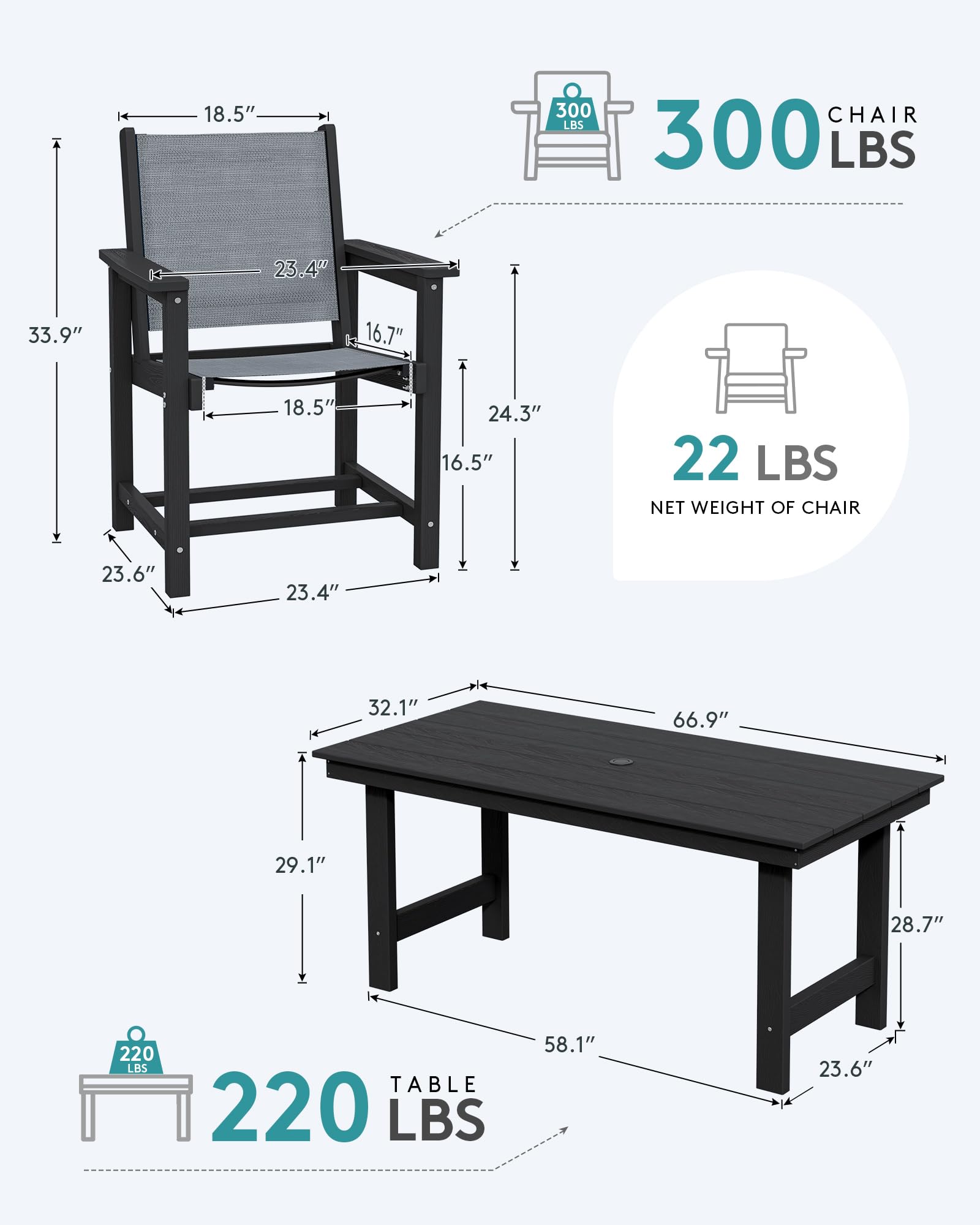 Serwall 5 Piece Outdoor Dining Table Sets For 4 With 1 Umbrella Hole Cut-Out Rectangular Table And 4 Textilene Chairs, Hdpe Dining Table Sets For Garden, Backyard, Poolside, Black
