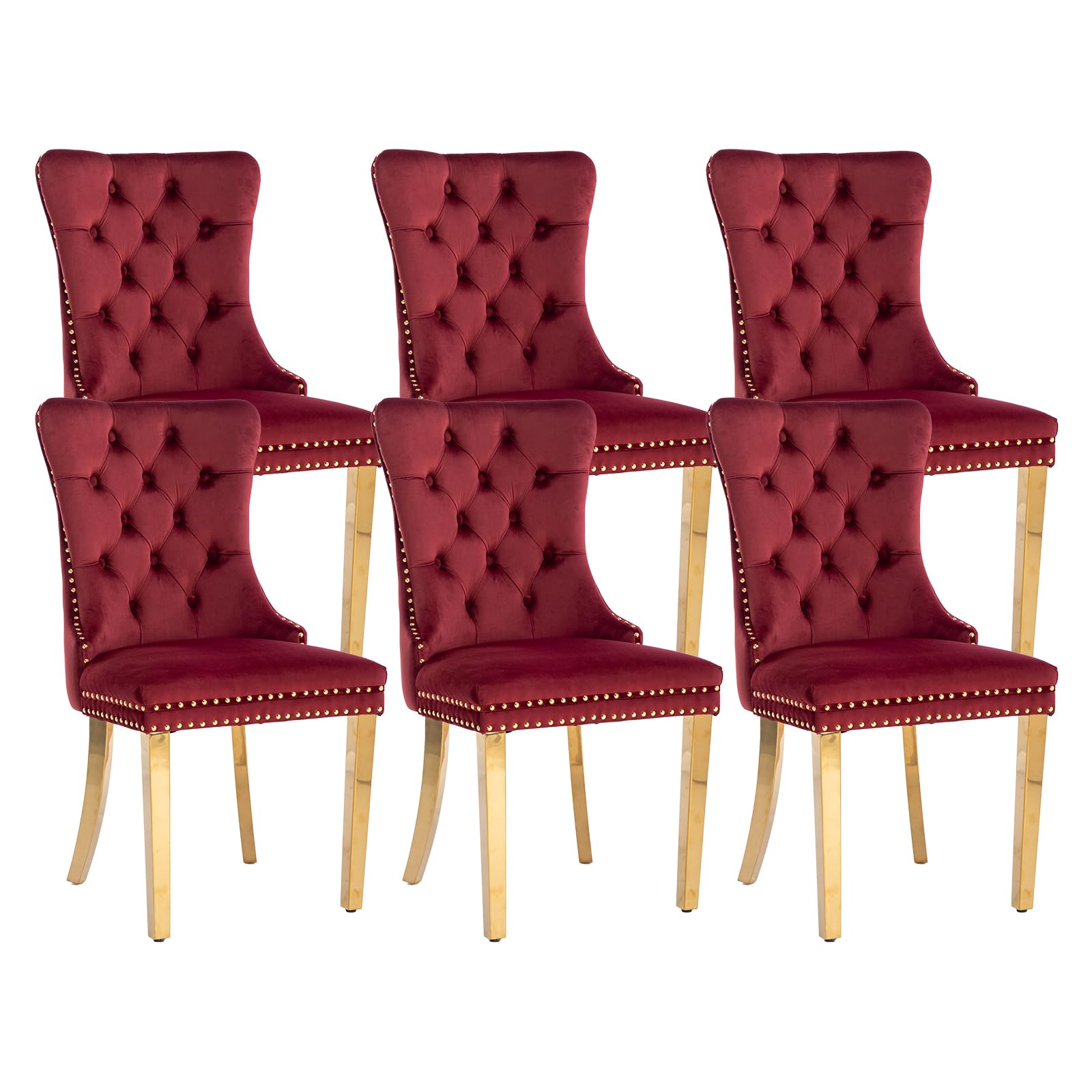 Velvet Dining Chairs Set Of 6, Kitchen Chairs Set Of 6, Tufted Upholstered Dining Room Chair, Back Ring Pull Trim, Golden Stainl