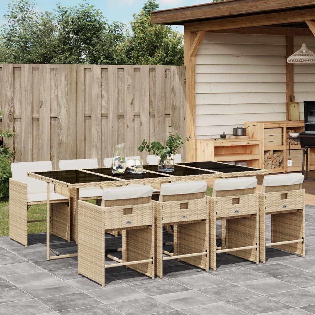vidaXL Patio Dining Set with Cushions - 9 Piece Beige Poly Rattan, Glass Table, UV Resistant, Foldable Chairs for Outdoor Garden, Backyard, and Deck - Includes Cushions