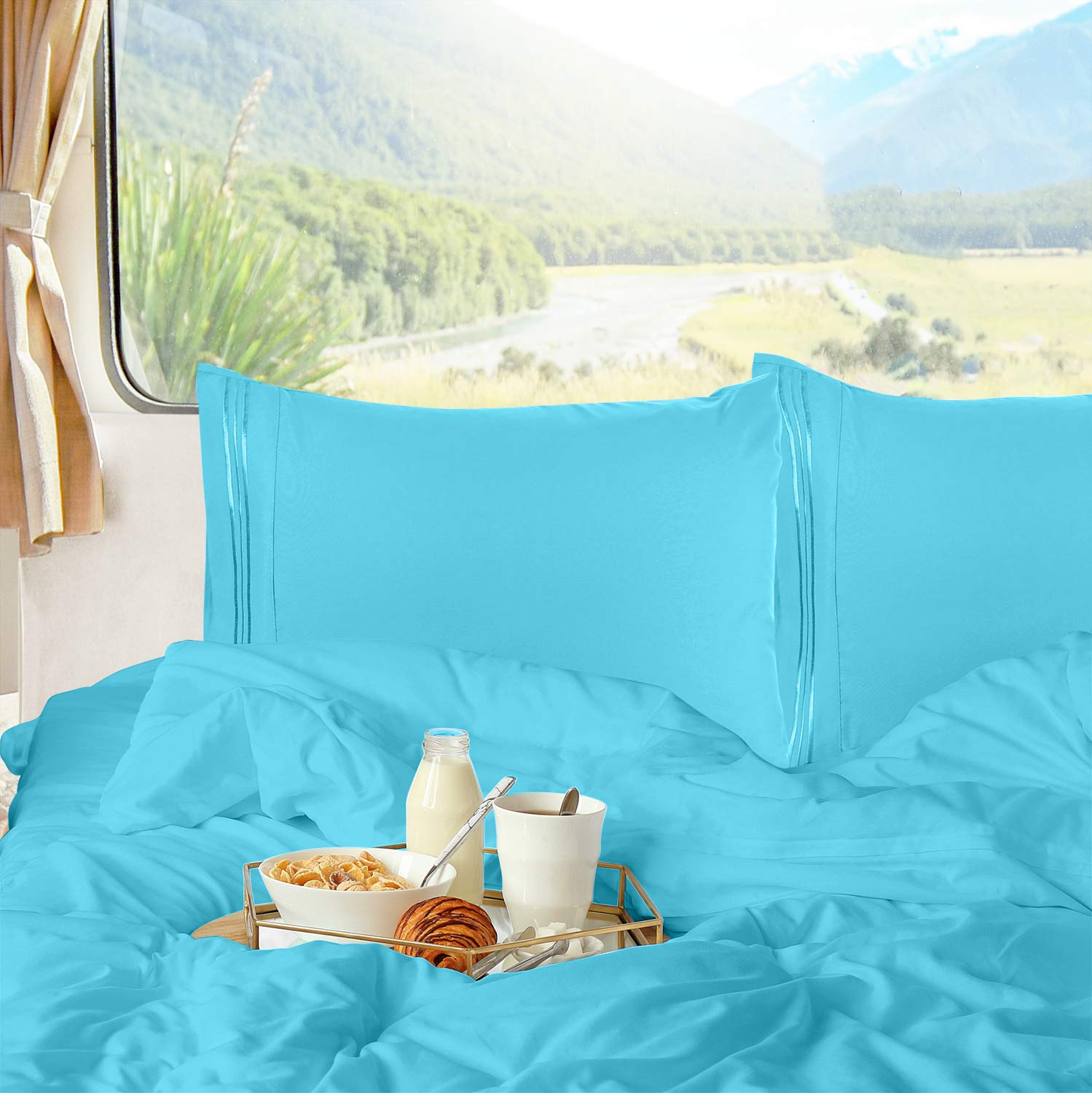 Nestl Beach Blue Rv Queen Sheets – Super Soft Rv Short Queen Sheets For Rv Camper, 6 Piece 1800 Microfiber Fitted Rv Sheets, Double Brushed Rv Bed Sheets Set, Camper Sheets And Pillowcases