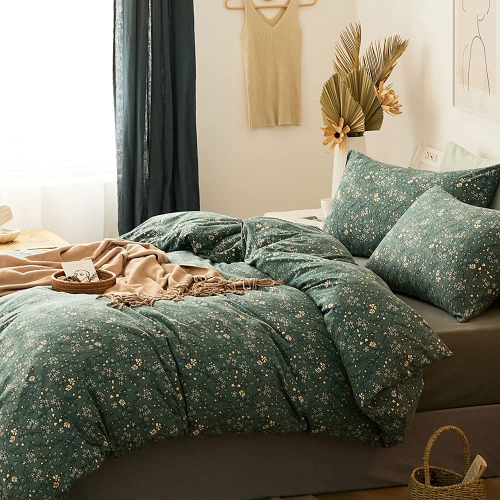 Lifetb Green Floral Duvet Cover Jersey Knit Cotton Duvet Cover King Size Vintage Flower Botanical Bedding Set Soft T Shirt Cotto