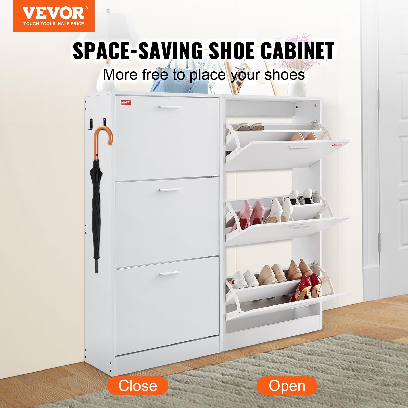 Vevor Shoe Cabinet With 3 Flip Drawers, Free Standing Shoe Storage Organizer With Side Hooks For Heels,Shoe Storage Cabinet For Entryway, Boots, Slippers In Hallway, Living Room