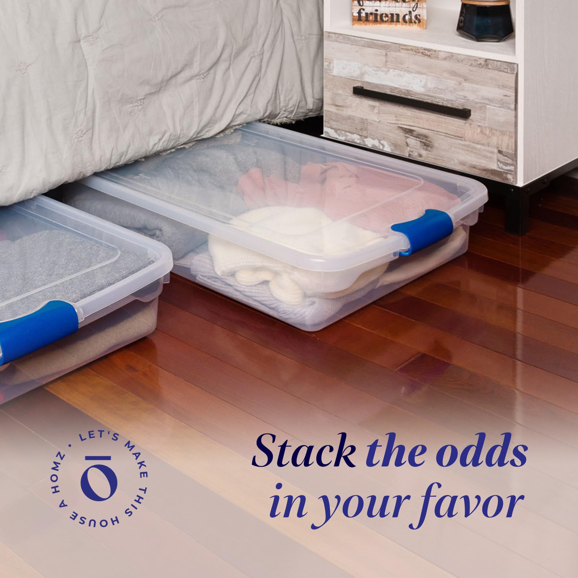 Homz Multipurpose 60 Qt Underbed Secure Latching Clear Plastic Storage Container With Snap-On Lid And Wheels For Home & Office O