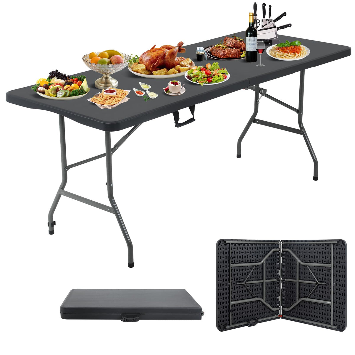 HKLGorg Folding Table 6 Ft Heavy Duty Fold Up Table Camping Working Table Indoor Outdoor Plastic Folding Table Utility Party Din