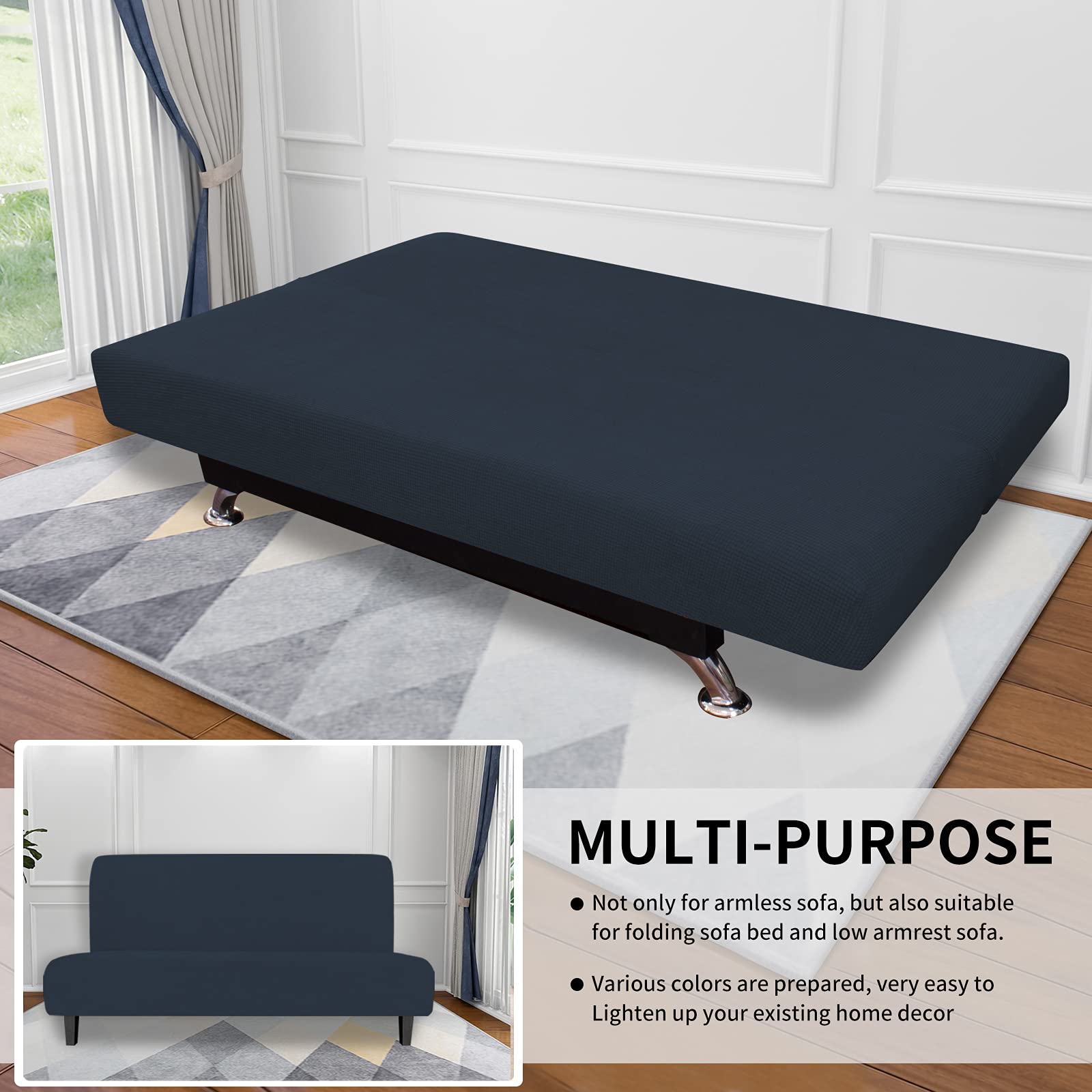 Easy-Going Stretch Futon Slipcover Armless Futon Bed Cover Furniture Protector Without Armrests With Elastic Bottom For Kids, Soft Jacquard Fabric Small Checks (Medium, Dark Blue)