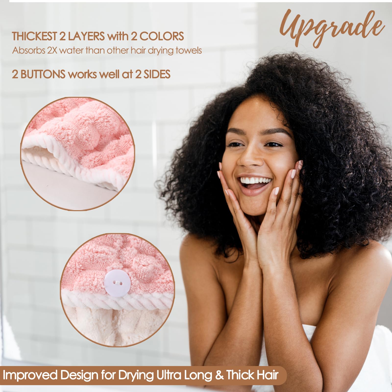 Jeffsun Microfiber Hair Drying Towel Wrap, 2-Layer Extra Thick Super Absorbent Hooded Hair Towel For Women Long Curly Frizzy Wet